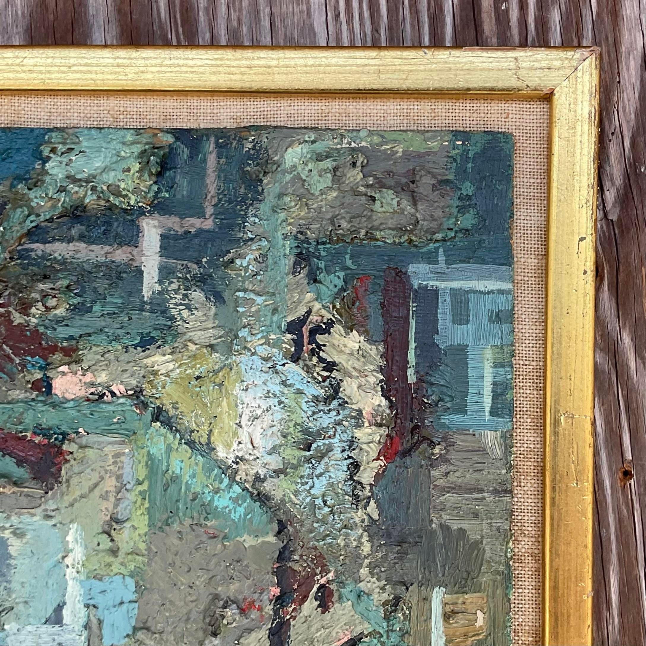 Vintage Boho 1950s signiert Original abstrakte Öl auf Board (Mitte des 20. Jahrhunderts) im Angebot