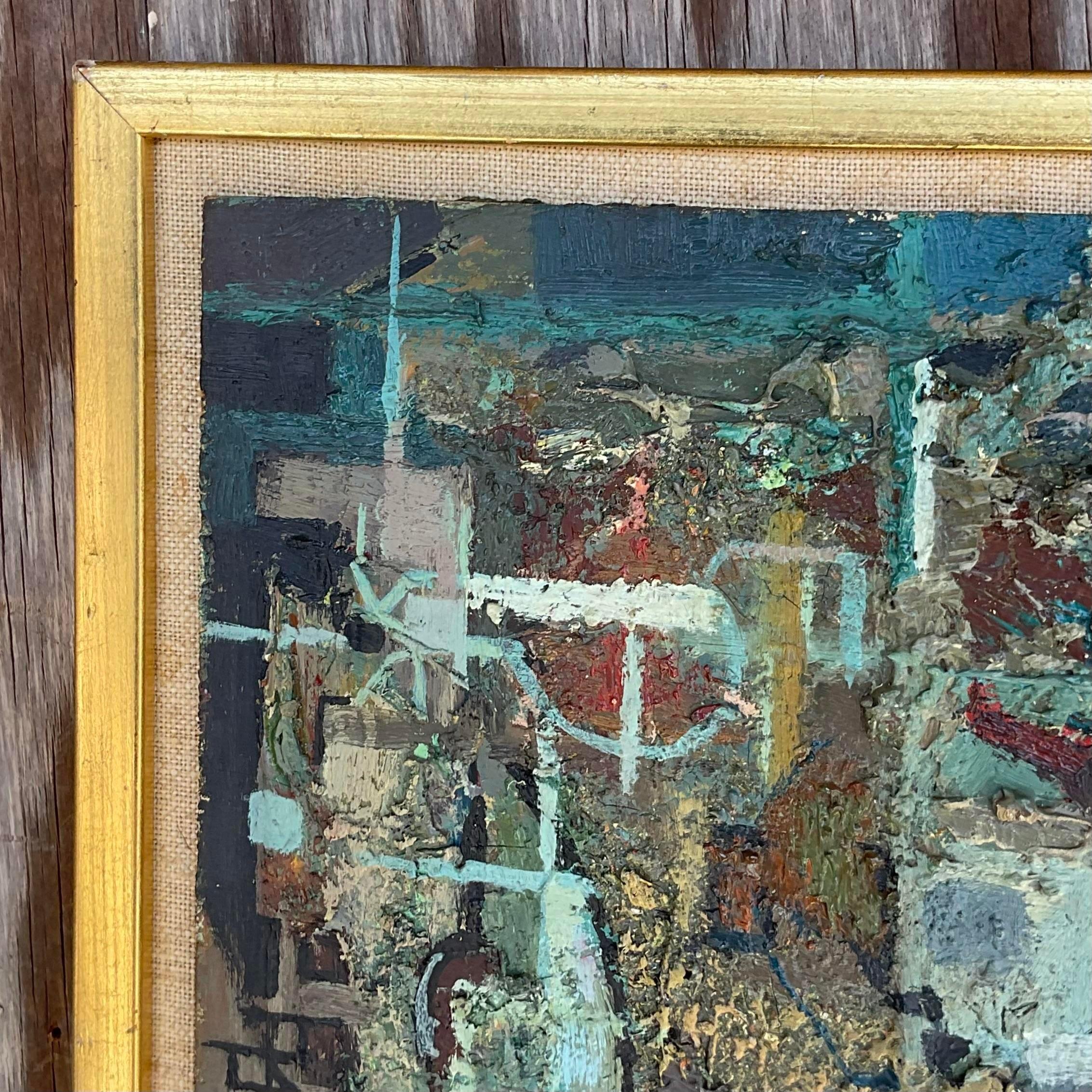 Vintage Boho 1950s signiert Original abstrakte Öl auf Board (Textil) im Angebot