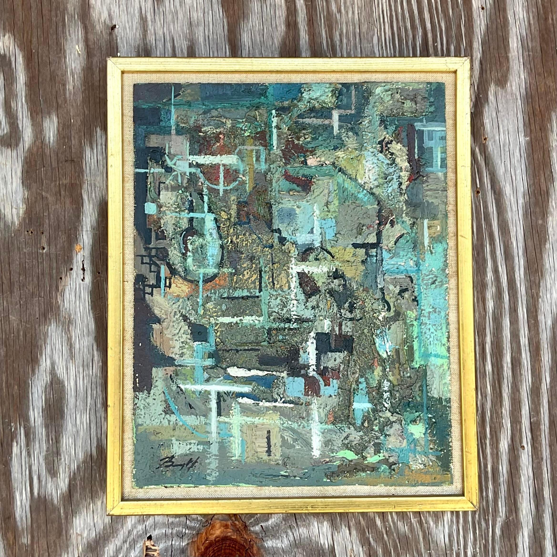 Vintage Boho 1950s signiert Original abstrakte Öl auf Board im Angebot 1