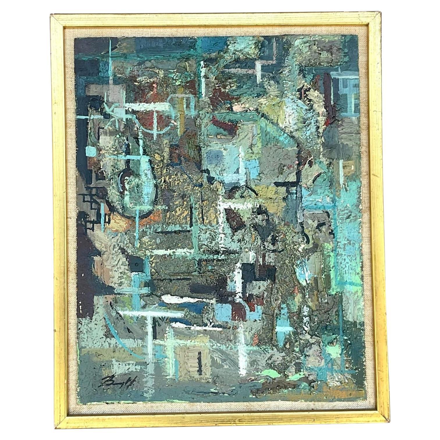 Vintage Boho 1950s Signed Original Abstract Oil on Board For Sale