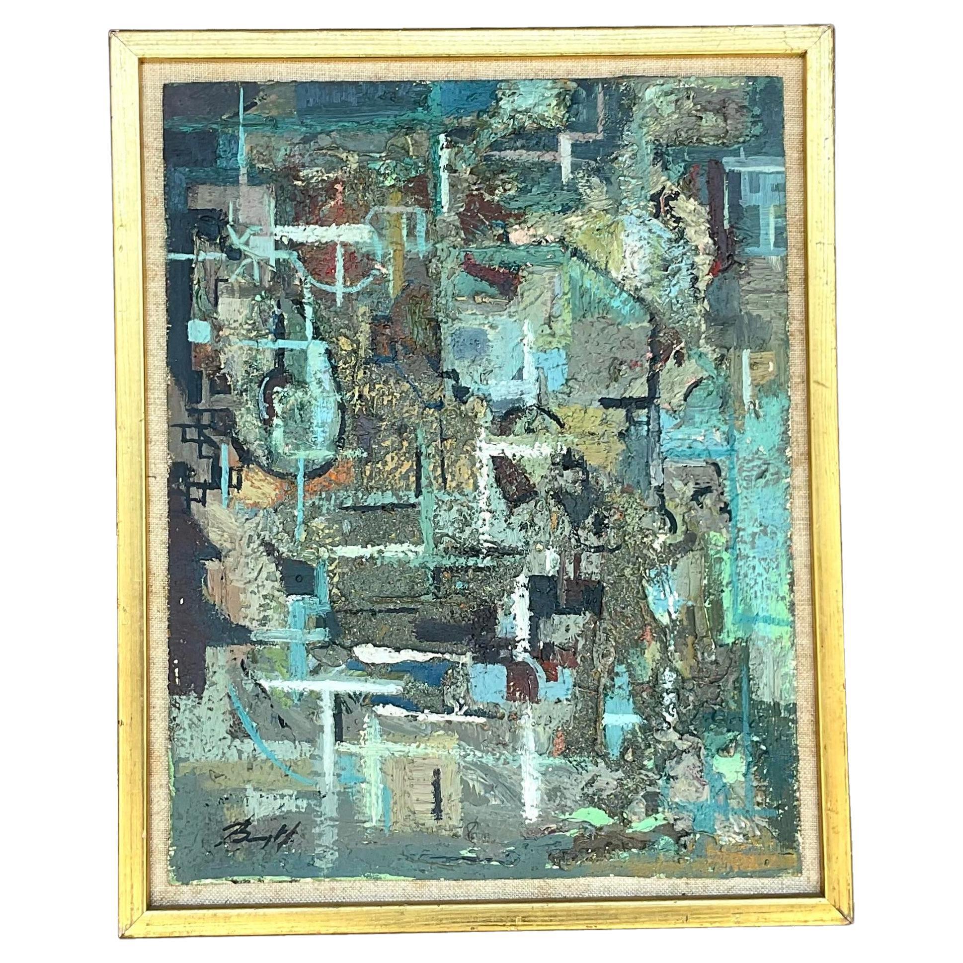 Vintage Boho 1950s Signed Original Abstract Oil on Board