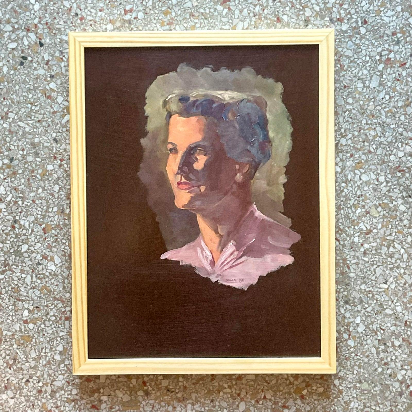 A fabulous vintage Boho original oil on board. A chic portrait of a beautiful woman. Signed by the artist. Acquired from a Palm Beach estate. 
