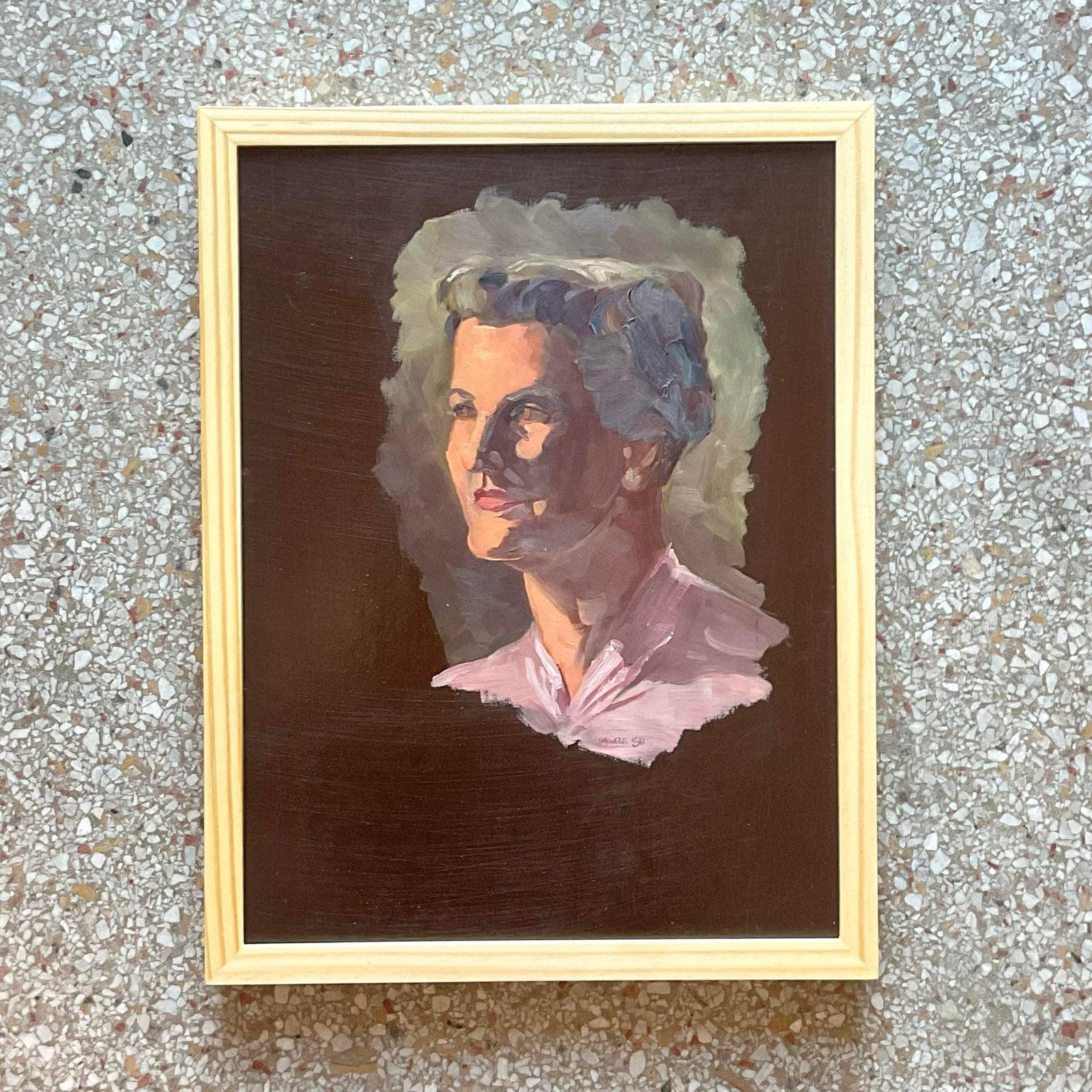 North American Vintage Boho 1950s Signed Original Oil Portrait on Board For Sale