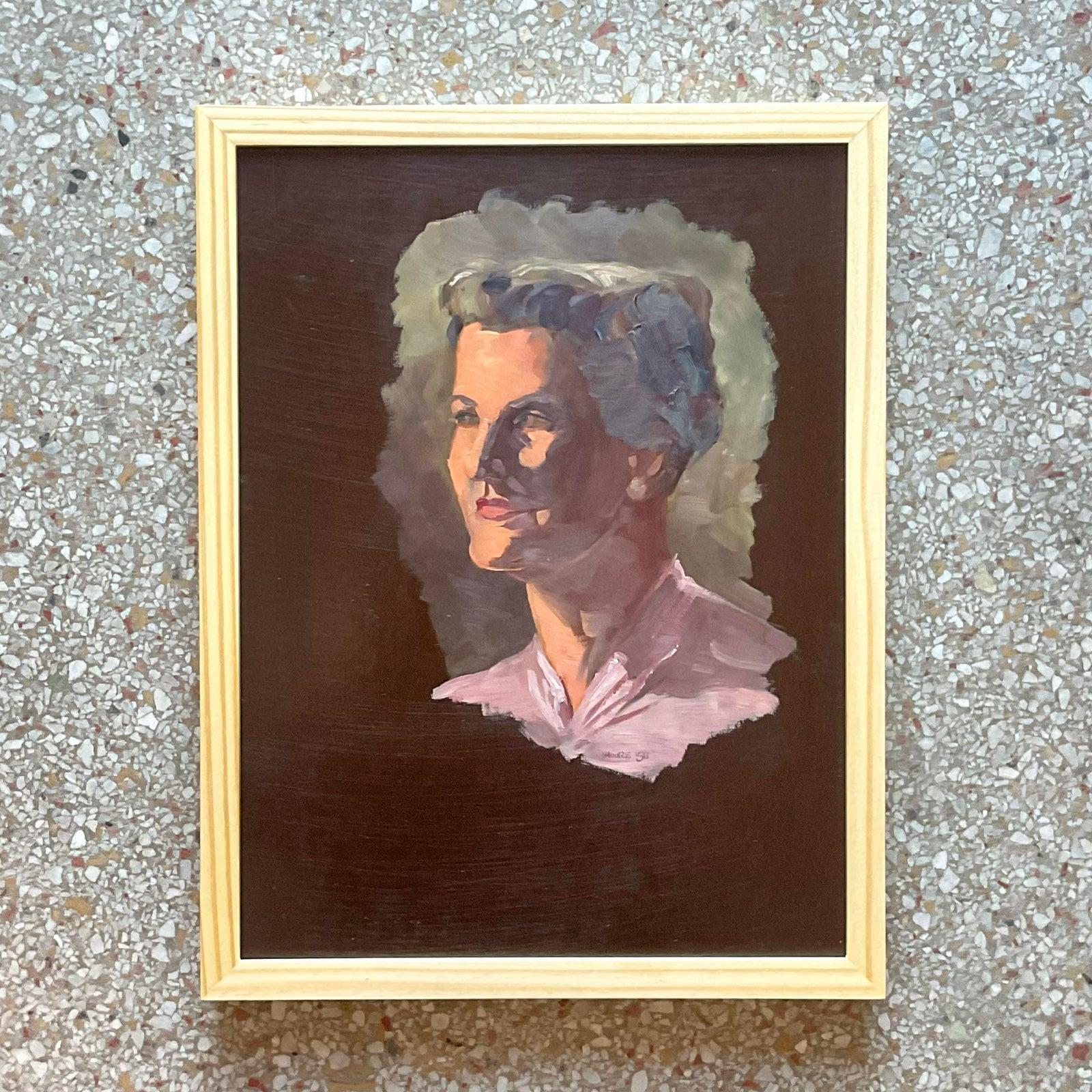 Vintage Boho 1950s Signed Original Oil Portrait on Board In Good Condition For Sale In west palm beach, FL