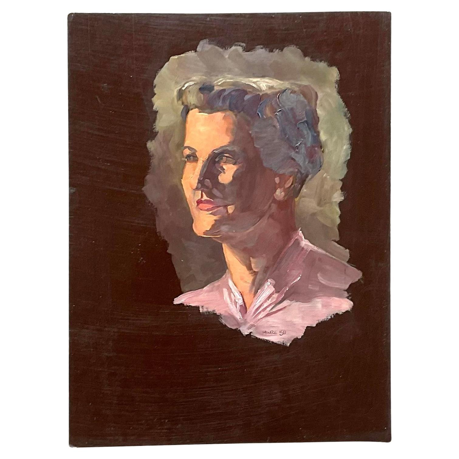Vintage Boho 1950s Signed Original Oil Portrait on Board For Sale