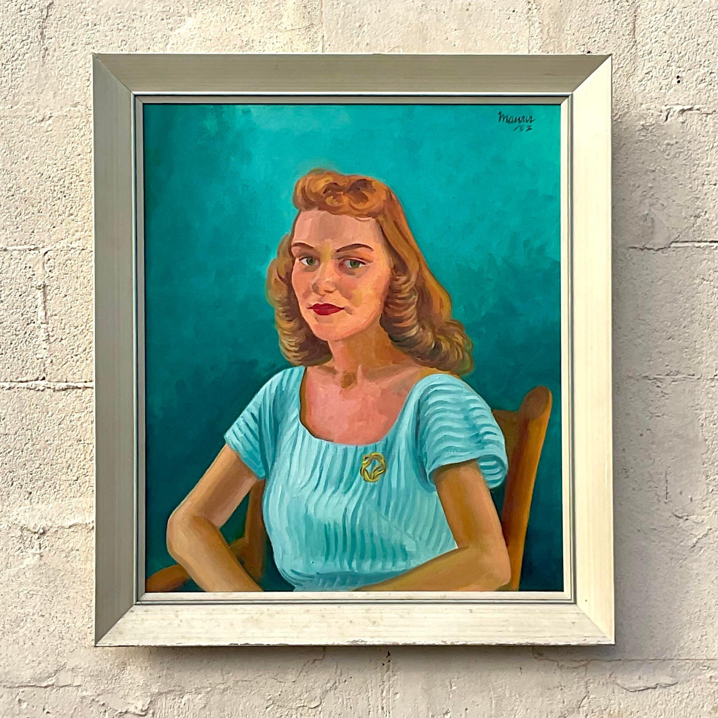 Vintage Boho 1952 Original Oil Portrait on Canvas In Good Condition For Sale In west palm beach, FL
