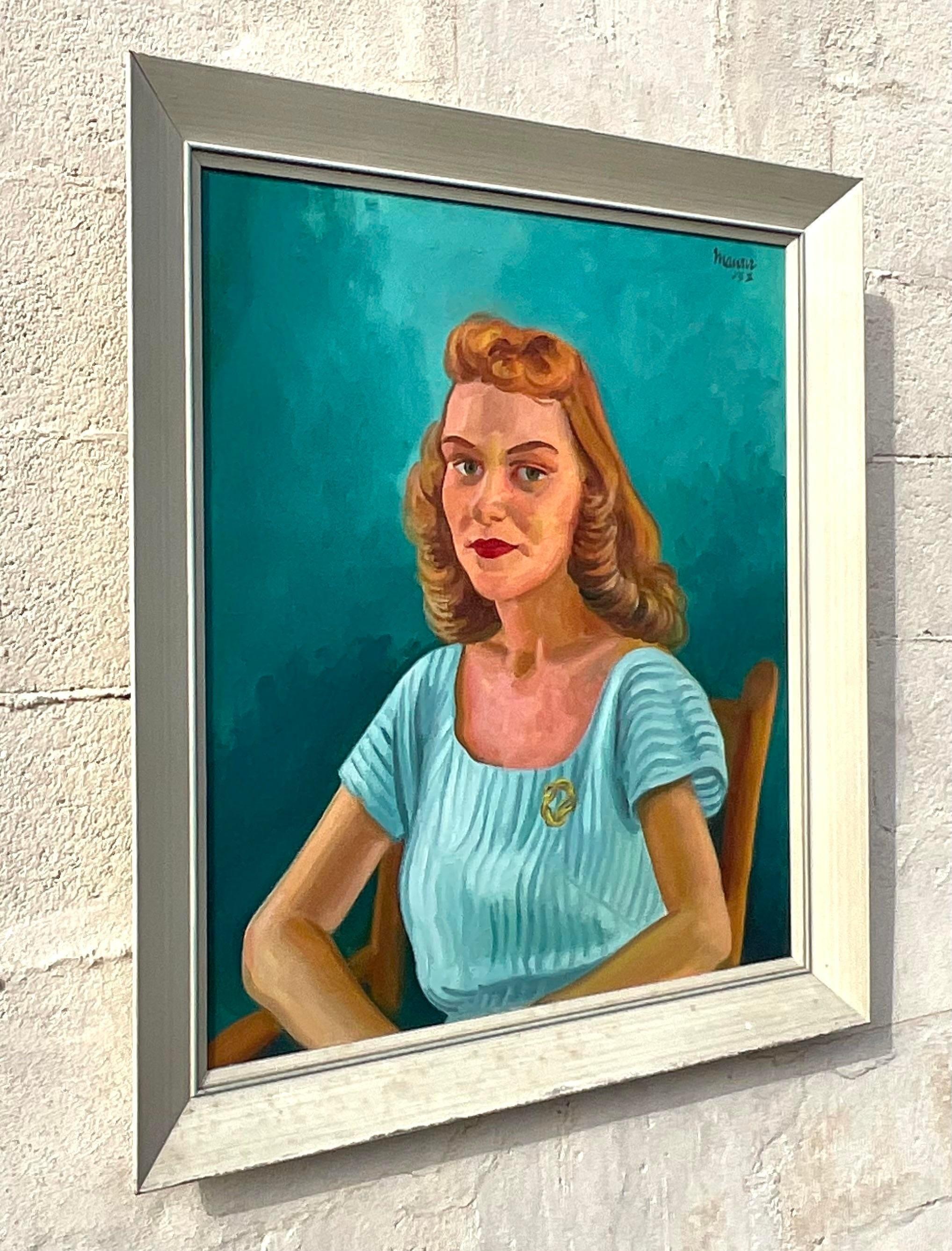Vintage Boho 1952 Original Oil Portrait on Canvas For Sale 3