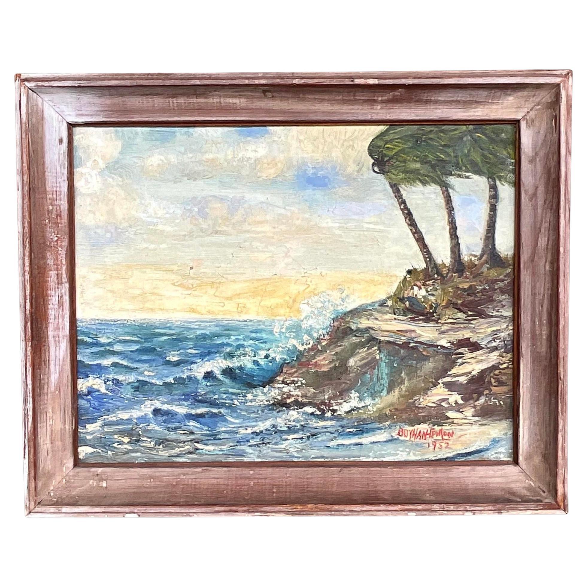 Vintage Boho 1952 Tropical Original Oil Painting on Canvas For Sale