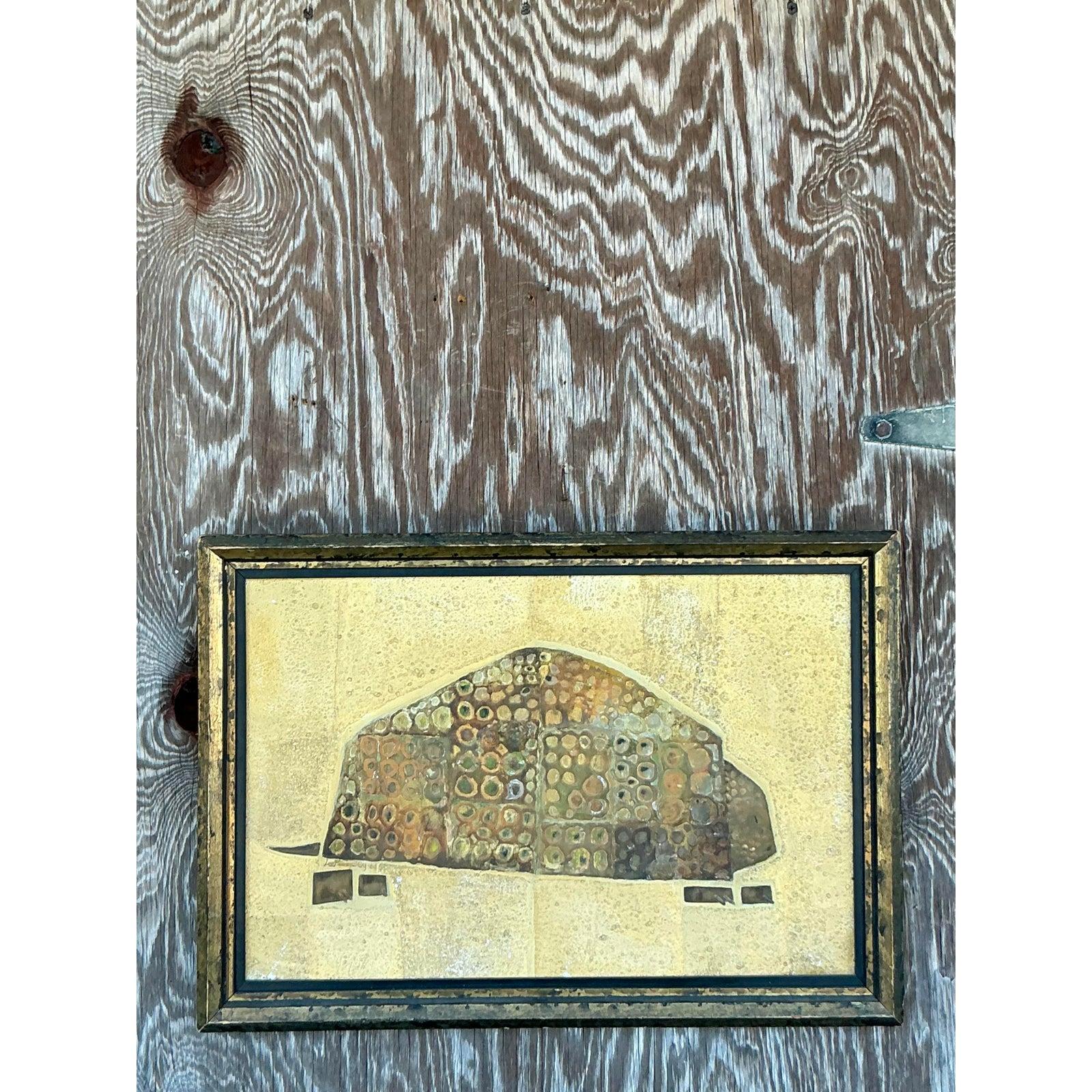 Verleihen Sie Ihrem Raum einen authentischen künstlerischen Ausdruck der 1960er Jahre und eine unverwechselbare Boho-Atmosphäre mit diesem originalen Vintage-Mischtechnik-Kunstwerk auf Karton. Dieses 1964 entstandene Werk ist ein faszinierendes