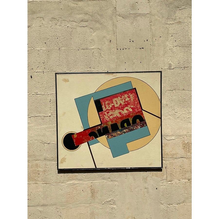 Sumérgete en la vibrante energía de este óleo boho vintage de técnica mixta de los años 60. Con una composición dinámica de formas geométricas, colores vivos y texturas en capas, esta obra de arte ejemplifica la estética moderna de mediados de siglo