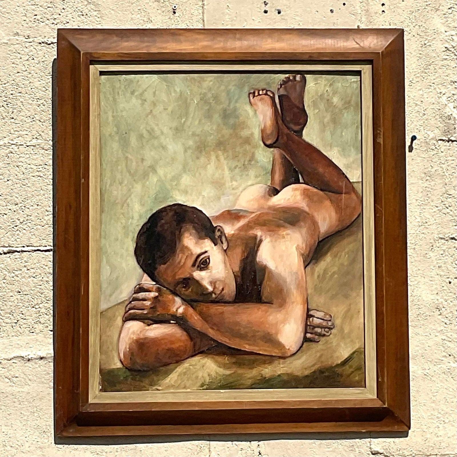 A stunning vintage Boho original oil painting. A chic male nude signed and dated 1962. Beautiful vintage frame. Acquired from a Palm Beach estate.