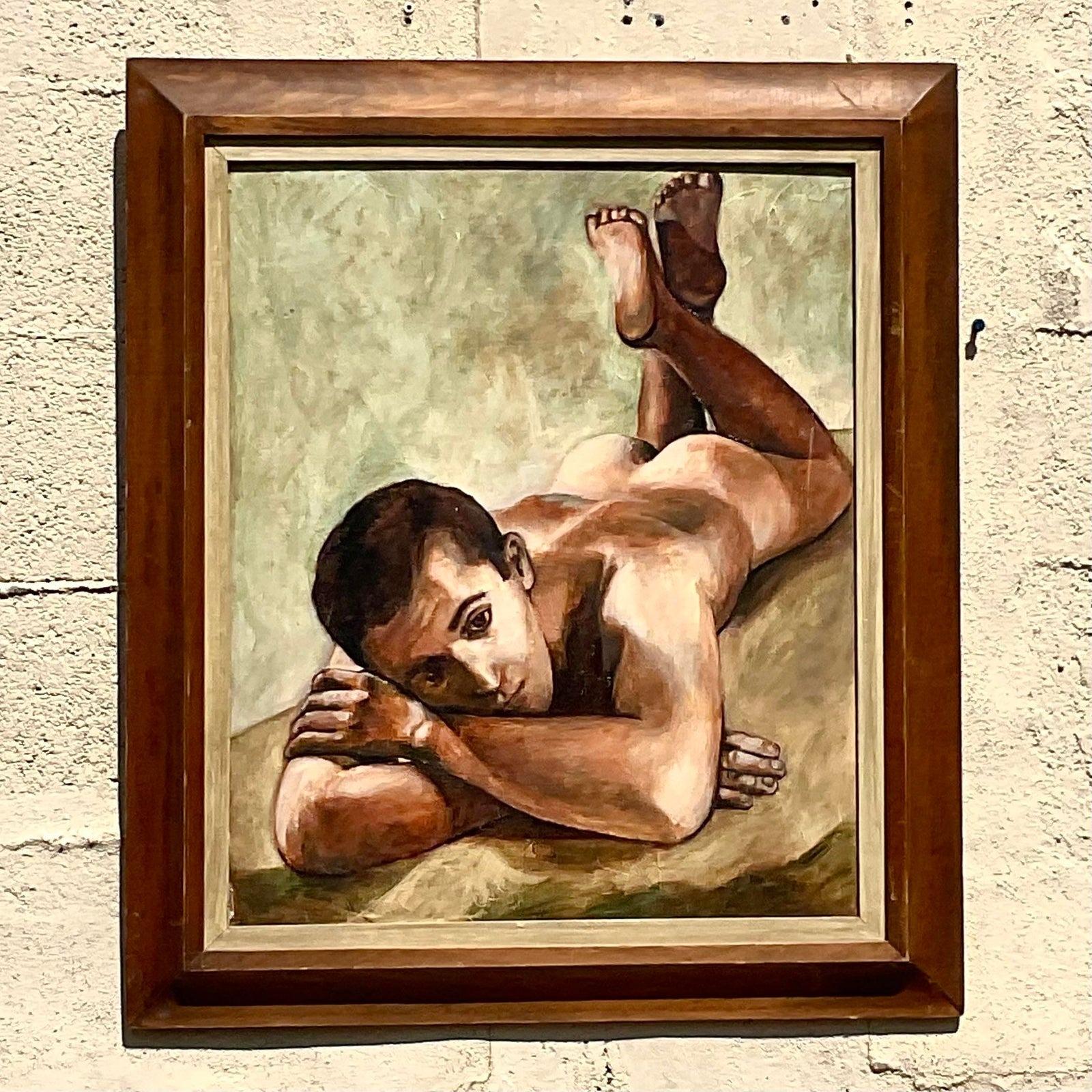 Vintage Boho 1962 Original Male Nude Oil Painting In Good Condition For Sale In west palm beach, FL