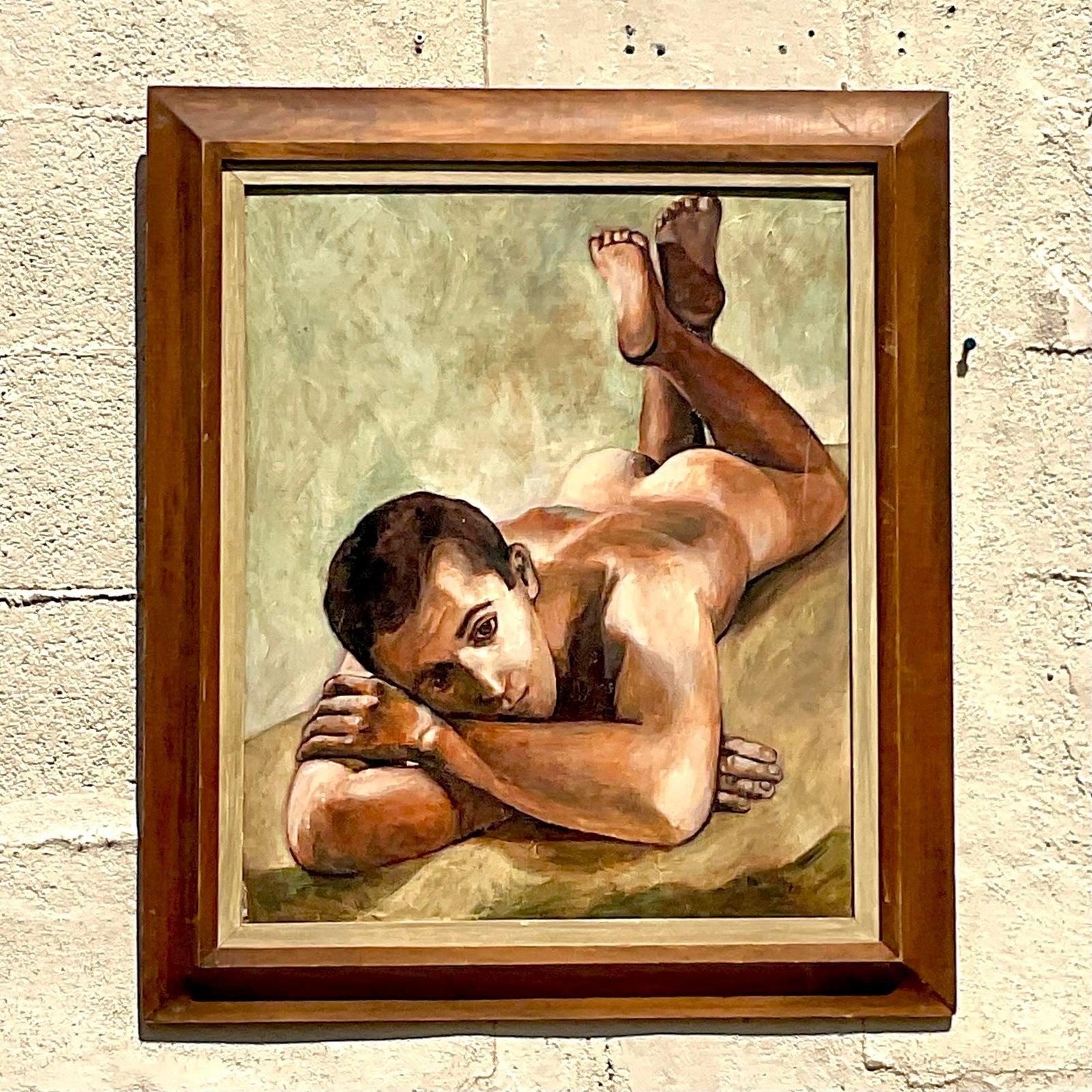 Canvas Vintage Boho 1962 Original Male Nude Oil Painting For Sale