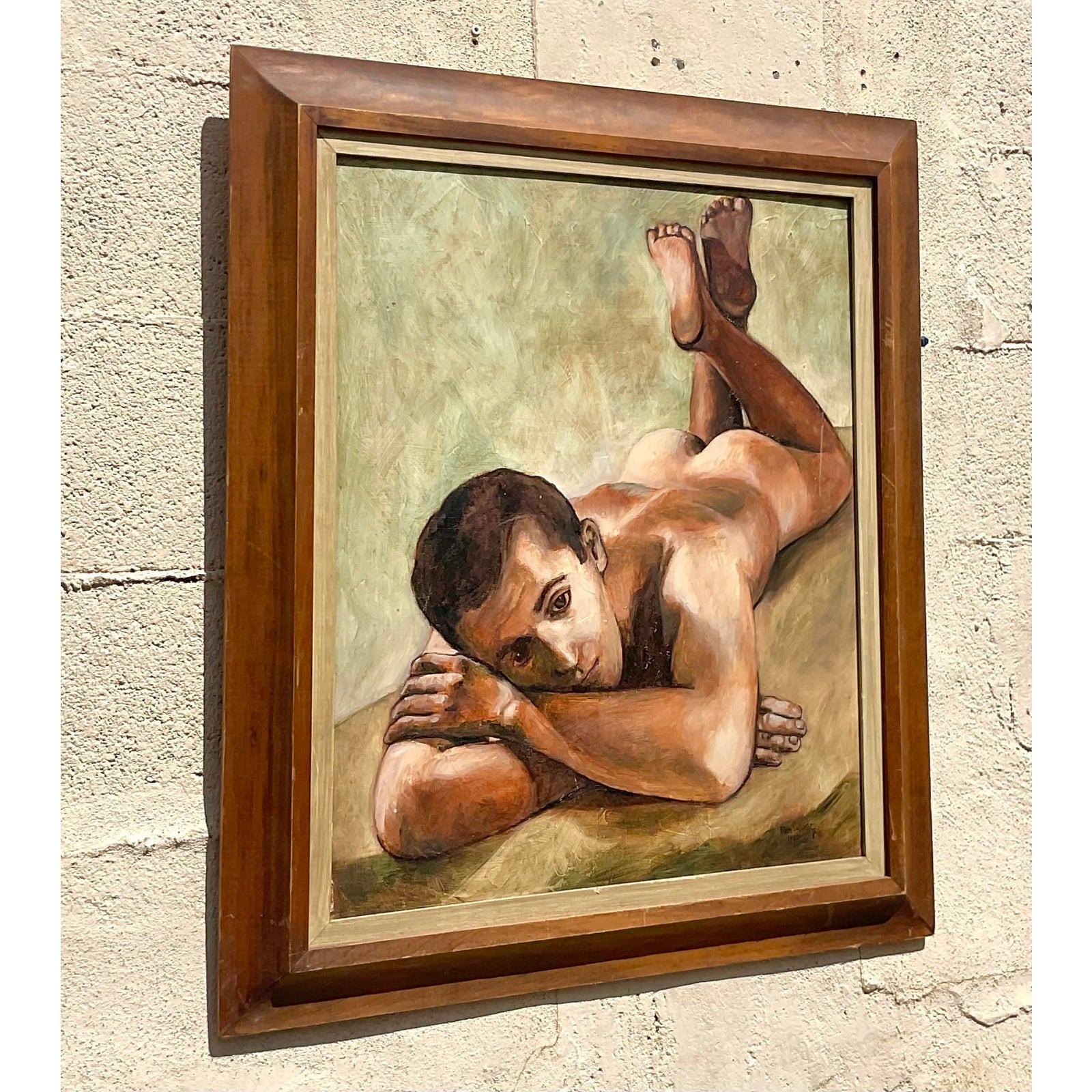 Peinture à l'huile originale d'un nu masculin vintage Boho 1962 en vente 1