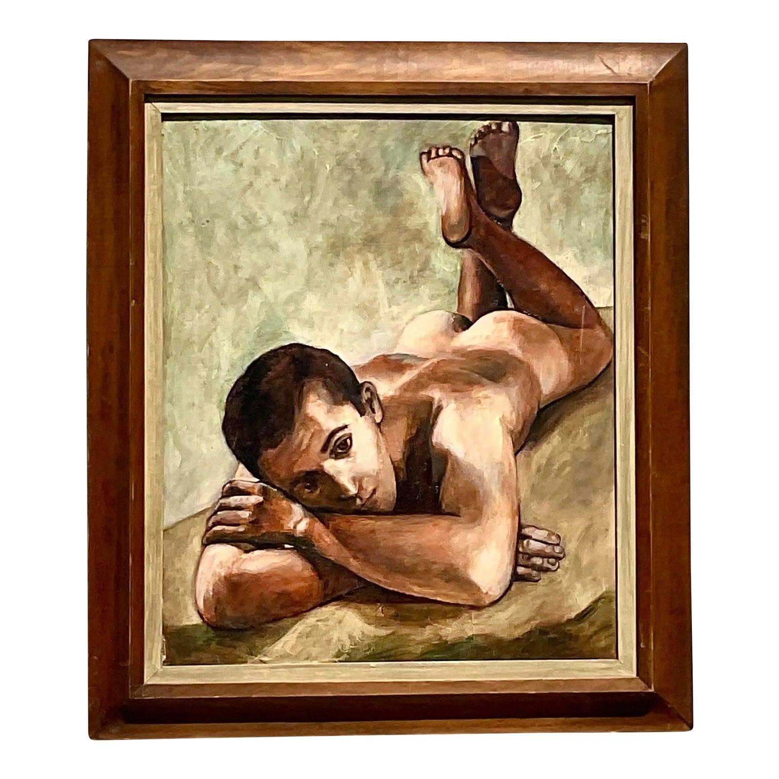 Peinture à l'huile originale d'un nu masculin vintage Boho 1962