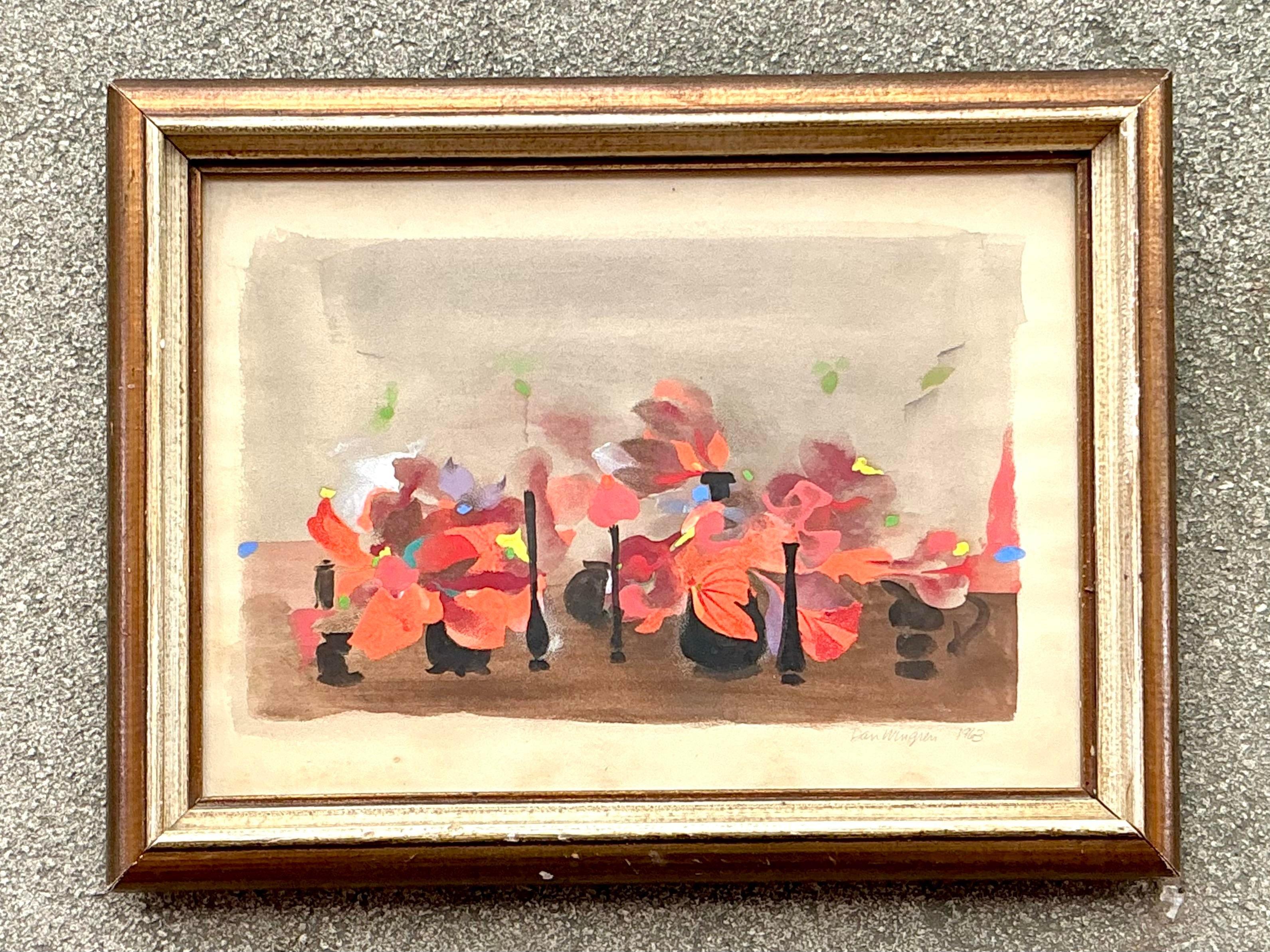 Vintage Boho 1963 Stillleben Öl auf Papier, Vintage (20. Jahrhundert) im Angebot