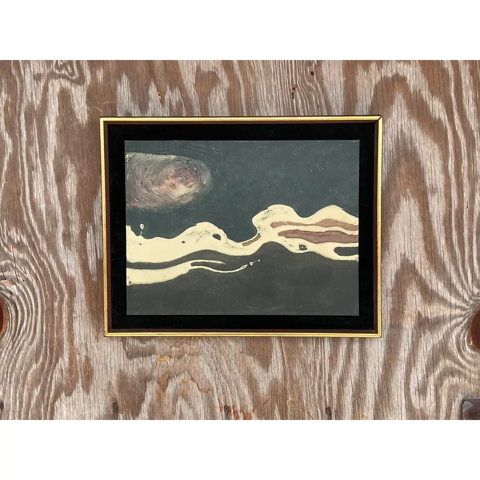 A fantastic vintage 1964 original oil painting. A chic abstract in dark clear colors. Artist info on verso. Acquired from a Chicago estate.