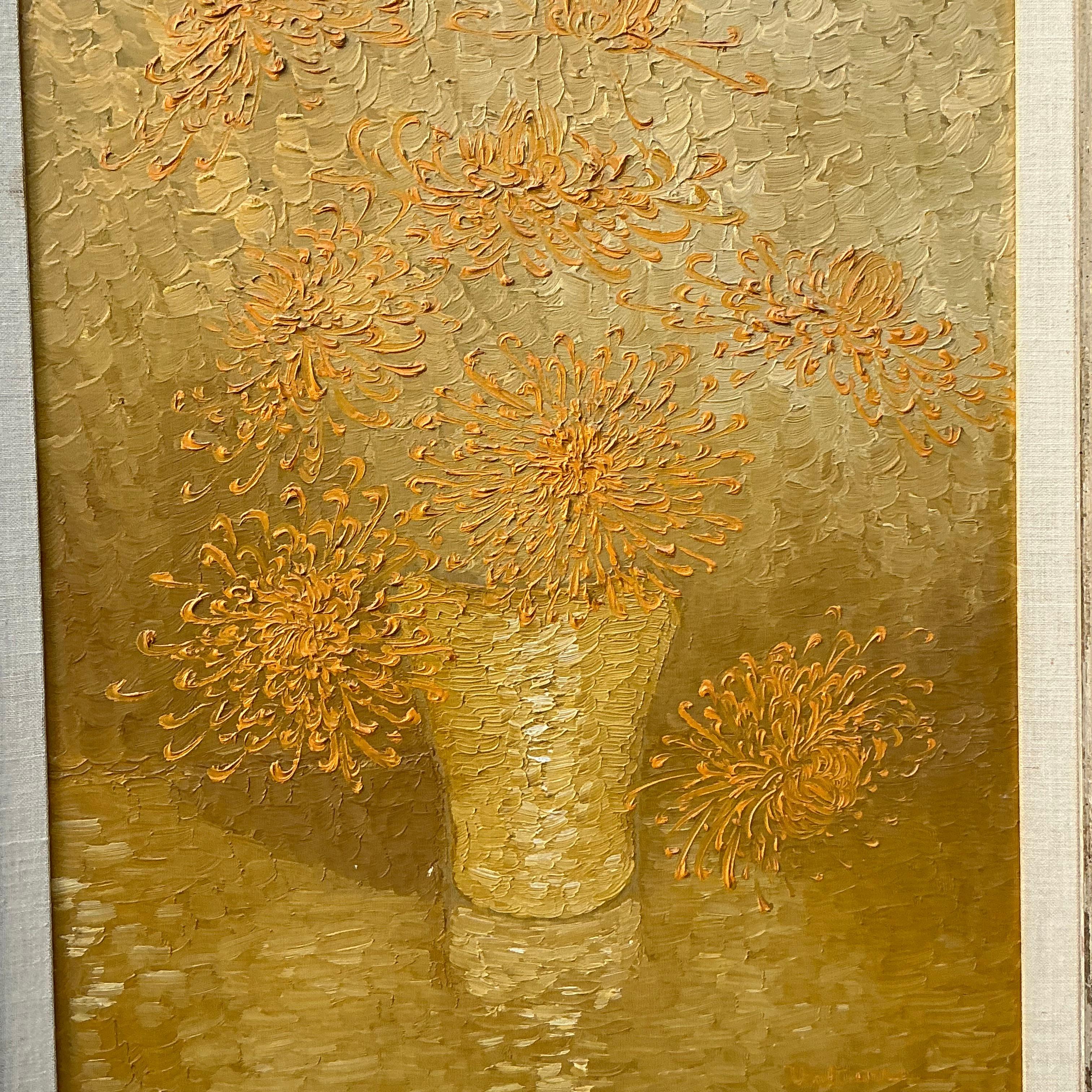 This original 1965 boho floral oil painting captures a vibrant, free-spirited charm with bold brushstrokes and lush colors. Painted on board, this one-of-a-kind piece showcases beautiful, detailed blooms that add a touch of nature-inspired artistry