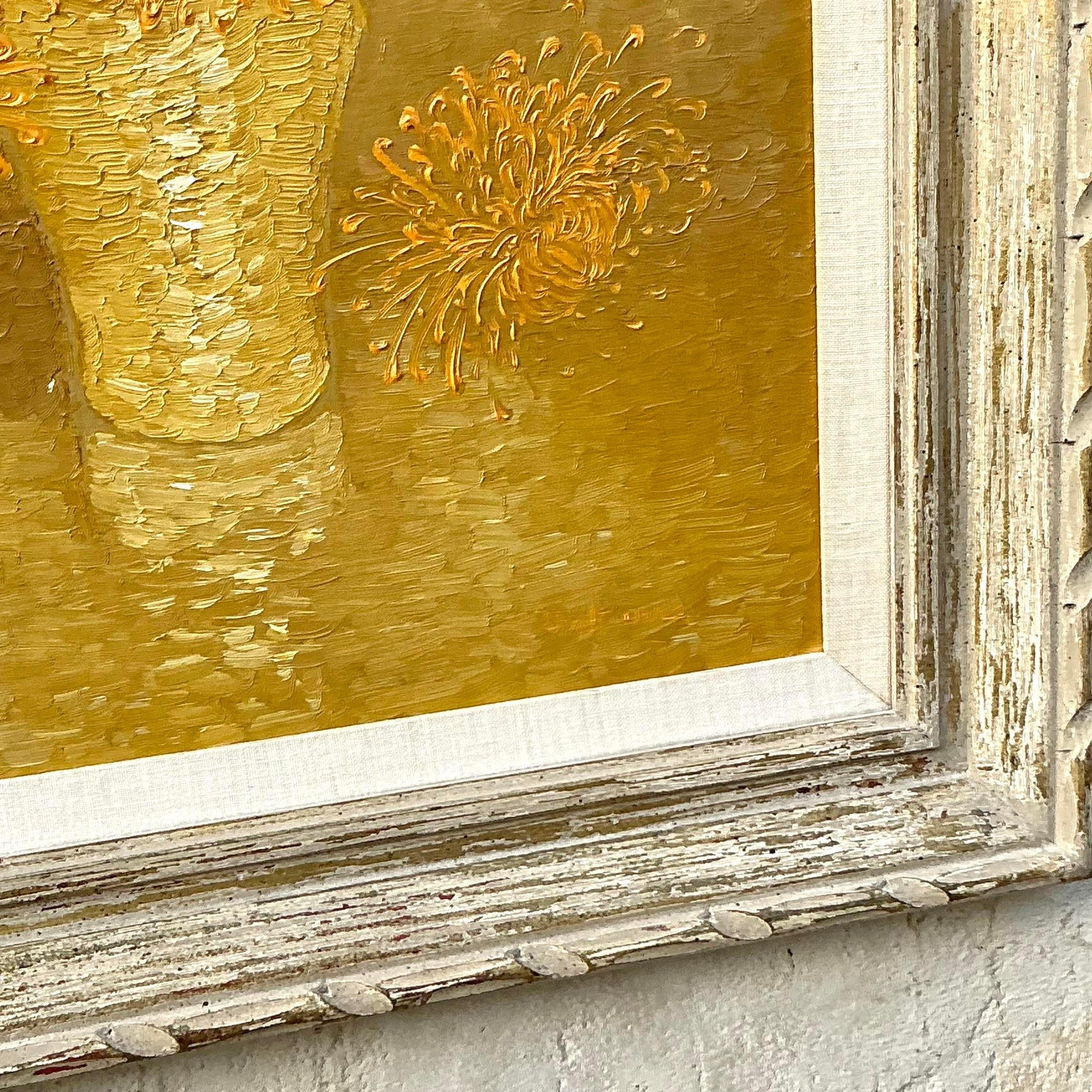 American Vintage Boho 1965 Original Floral Oil Painting on Board For Sale