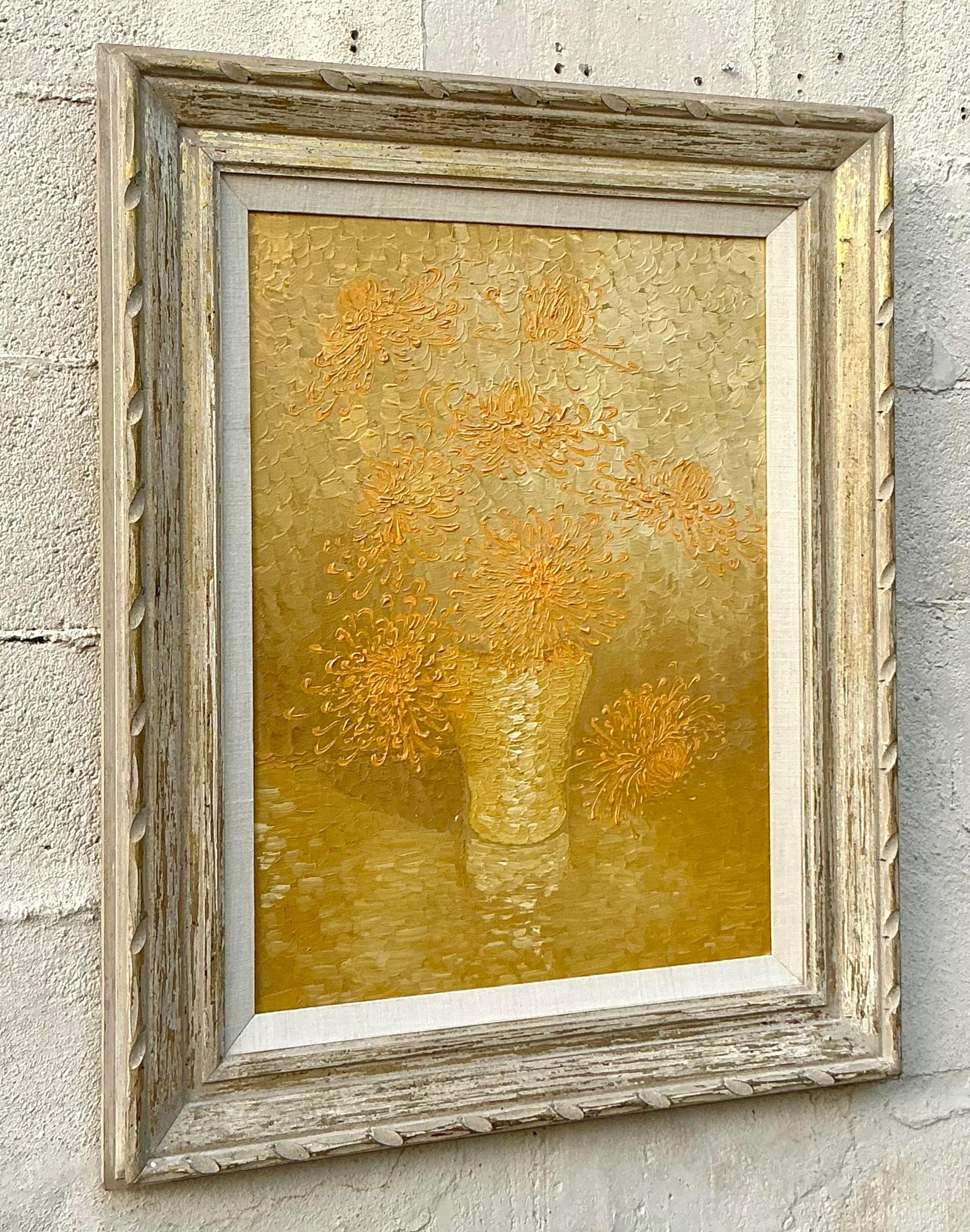 Vintage Boho 1965 Original Floral Oil Painting on Board In Good Condition For Sale In west palm beach, FL