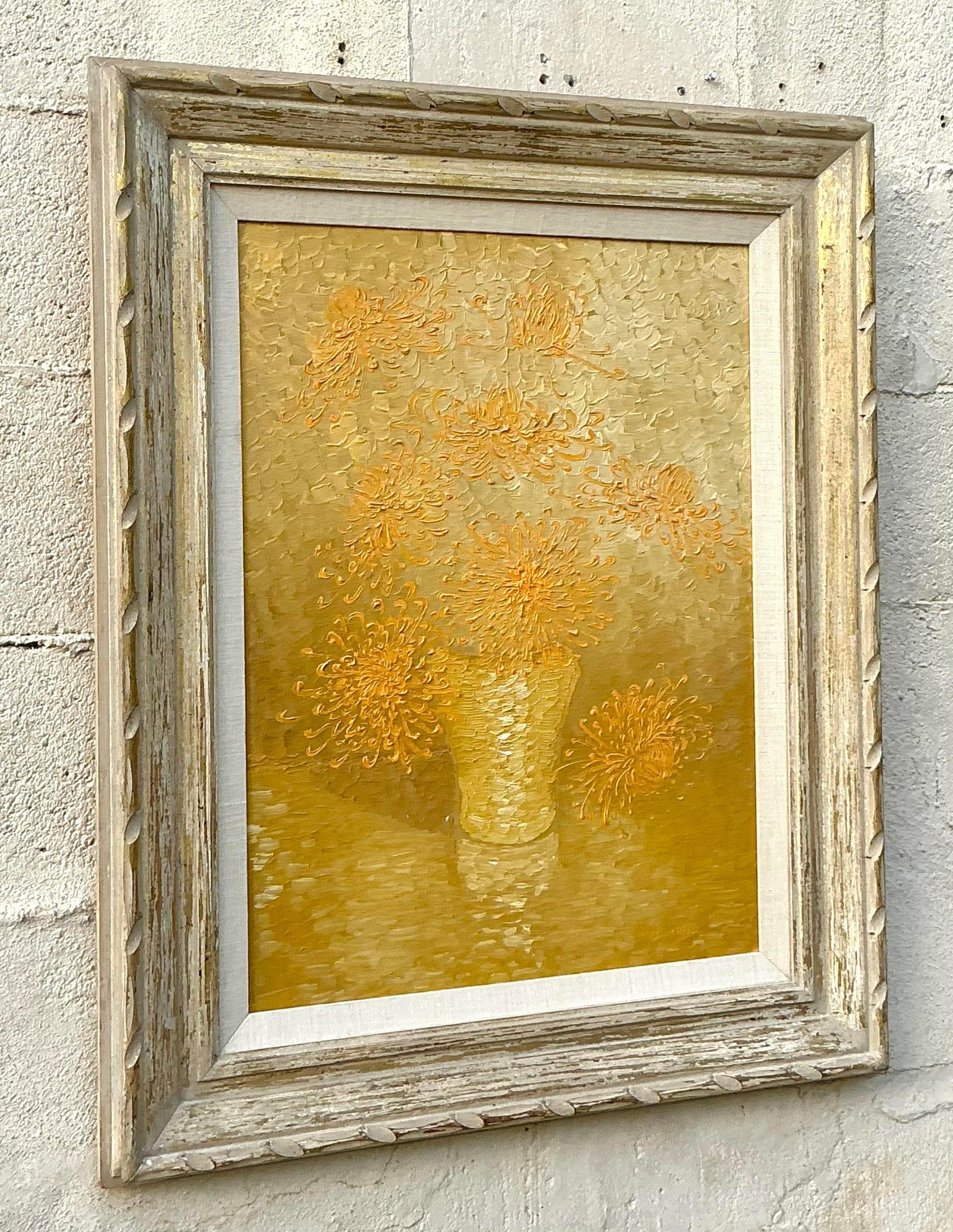 Mid-20th Century Vintage Boho 1965 Original Floral Oil Painting on Board For Sale