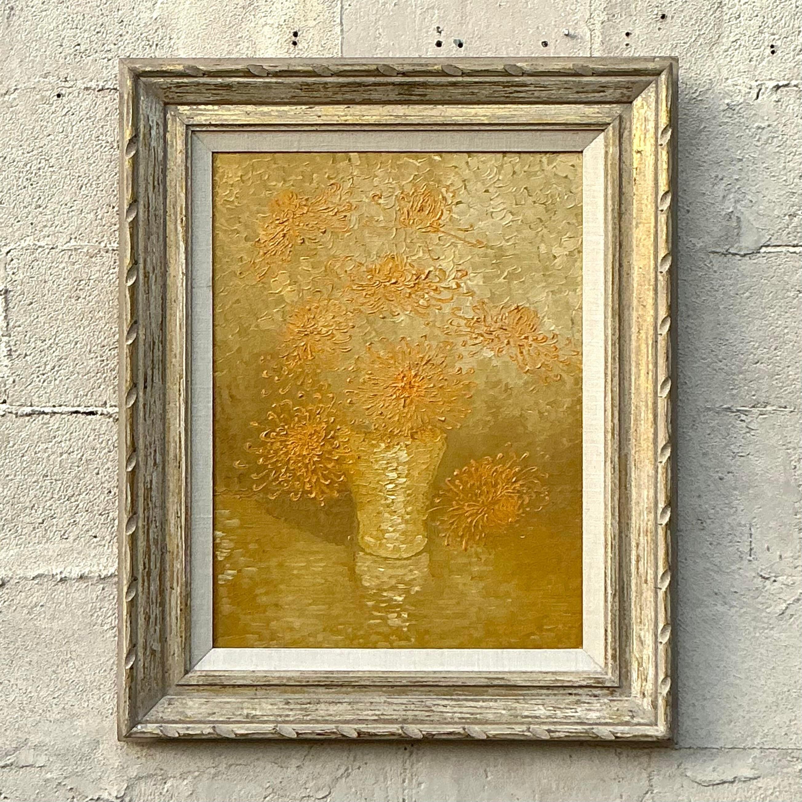 Wood Vintage Boho 1965 Original Floral Oil Painting on Board For Sale