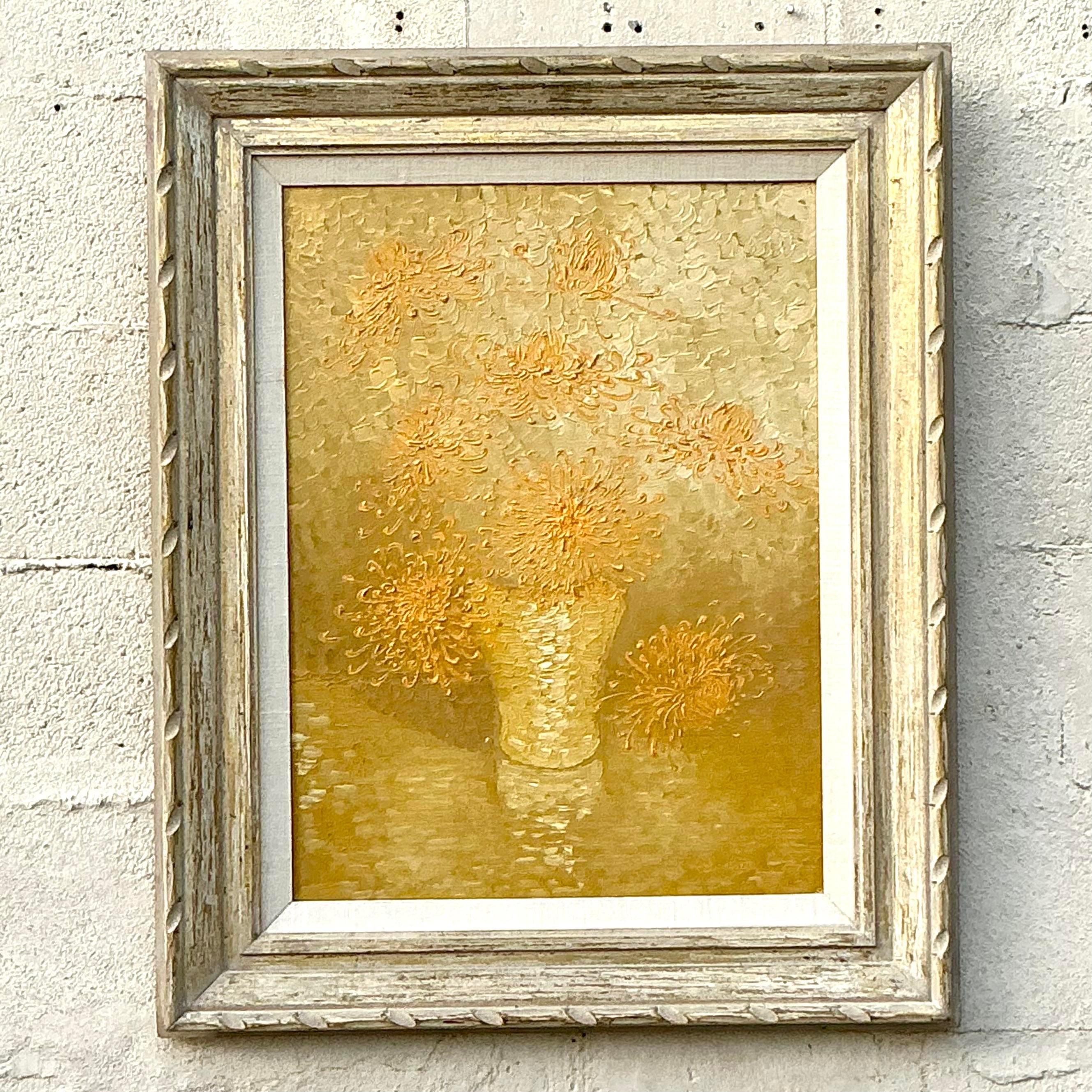 Vintage Boho 1965 Original Floral Oil Painting on Board For Sale 1