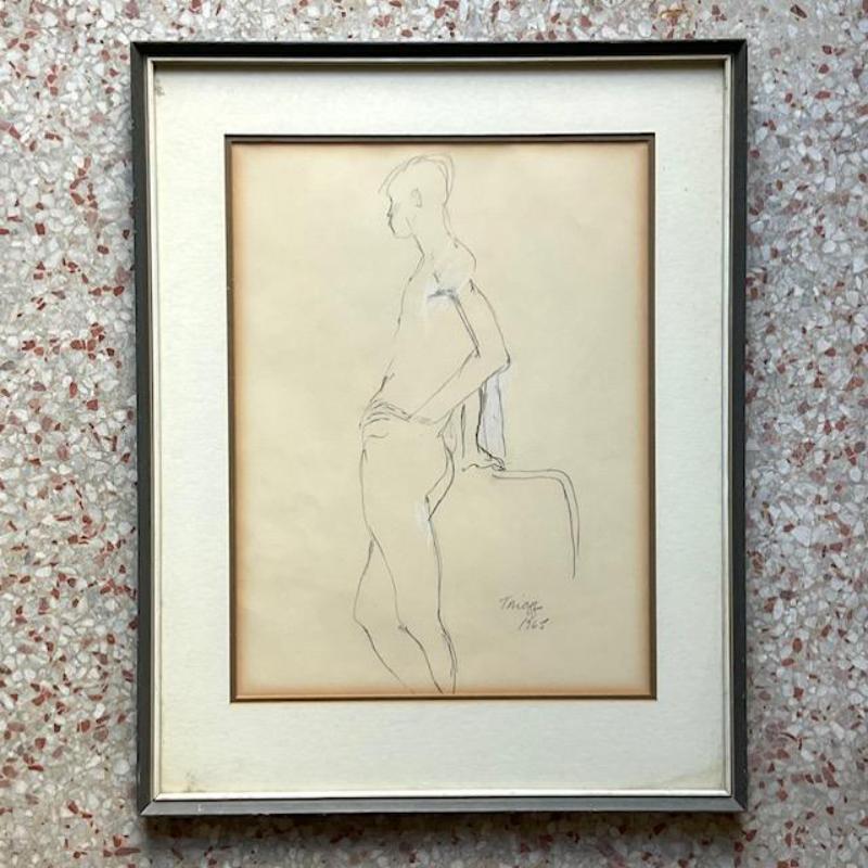 A fabulous vintage Boho original oil sketch on paper. A Figural composition on a young man. Signed and dated by the artist 1965. Acquired from a NY estate.