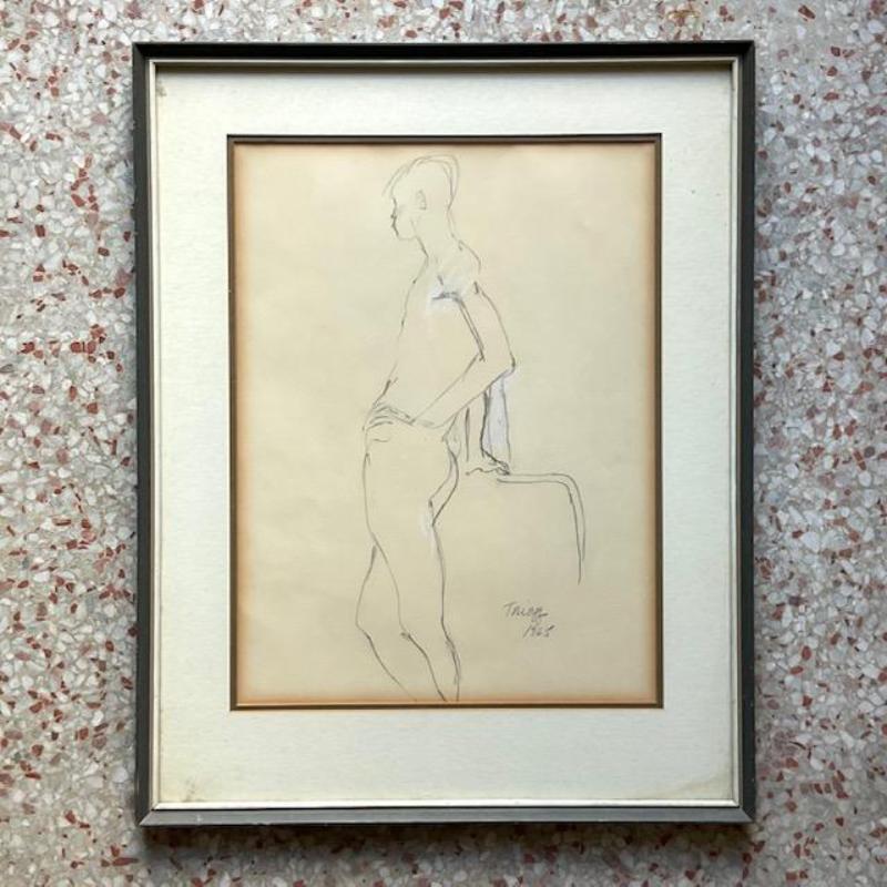 Bohème Vintage 1950s Pencil Sketch of a Man's Figure (esquisse au crayon d'un homme) en vente