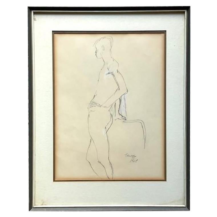 Vintage 1950s Pencil Sketch of a Man's Figure (esquisse au crayon d'un homme) en vente