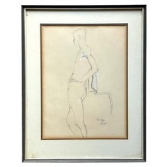 Vintage Boho 1965 Signed Figural Pencil Sketch of Leaning Man