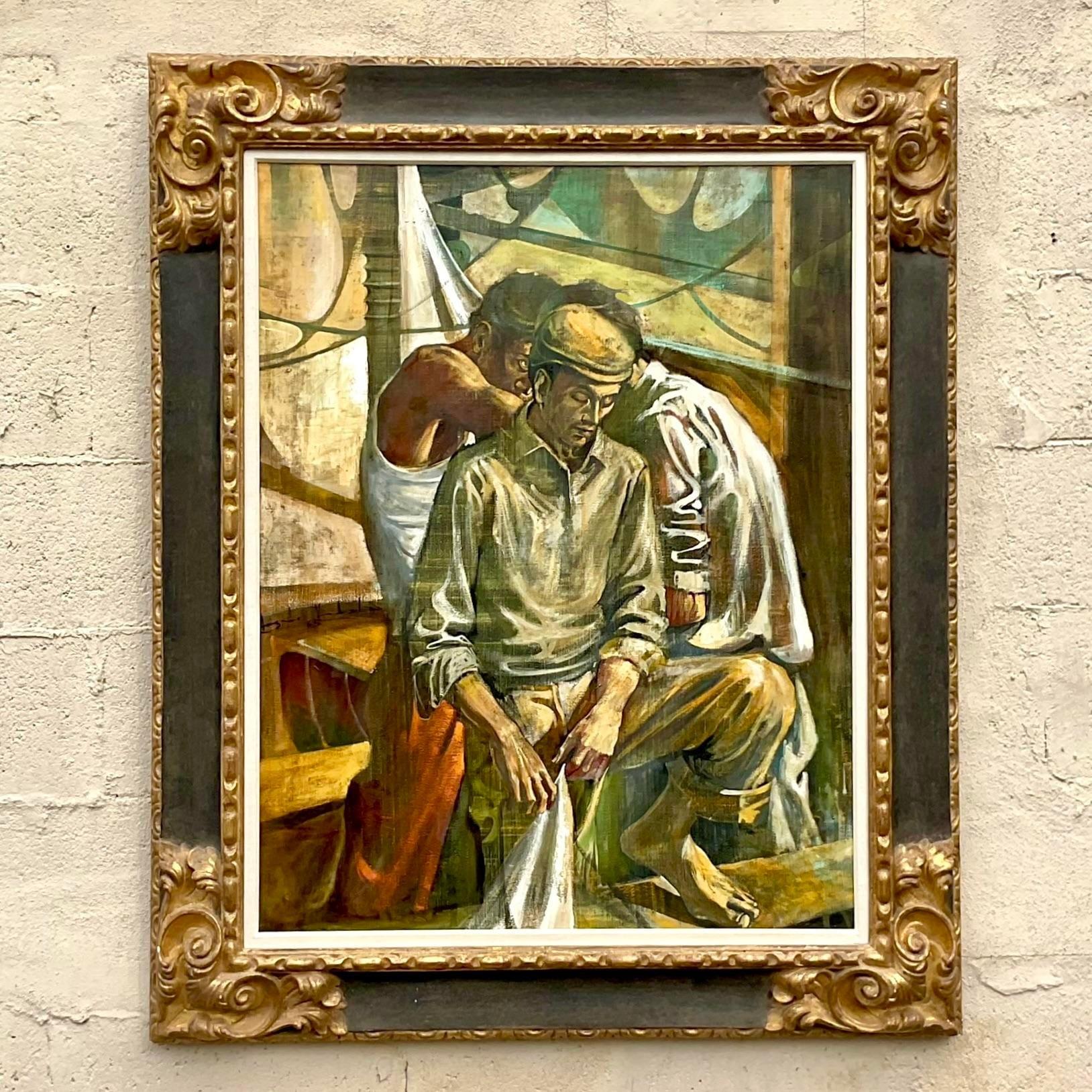 A striking vintage Boho original oil painting on canvas. A Figural composition in deep rich colors. Signed and dated by the artist 1965. An extraordinary gilt tipped wood frame. Acquired from a Palm Beach estate
