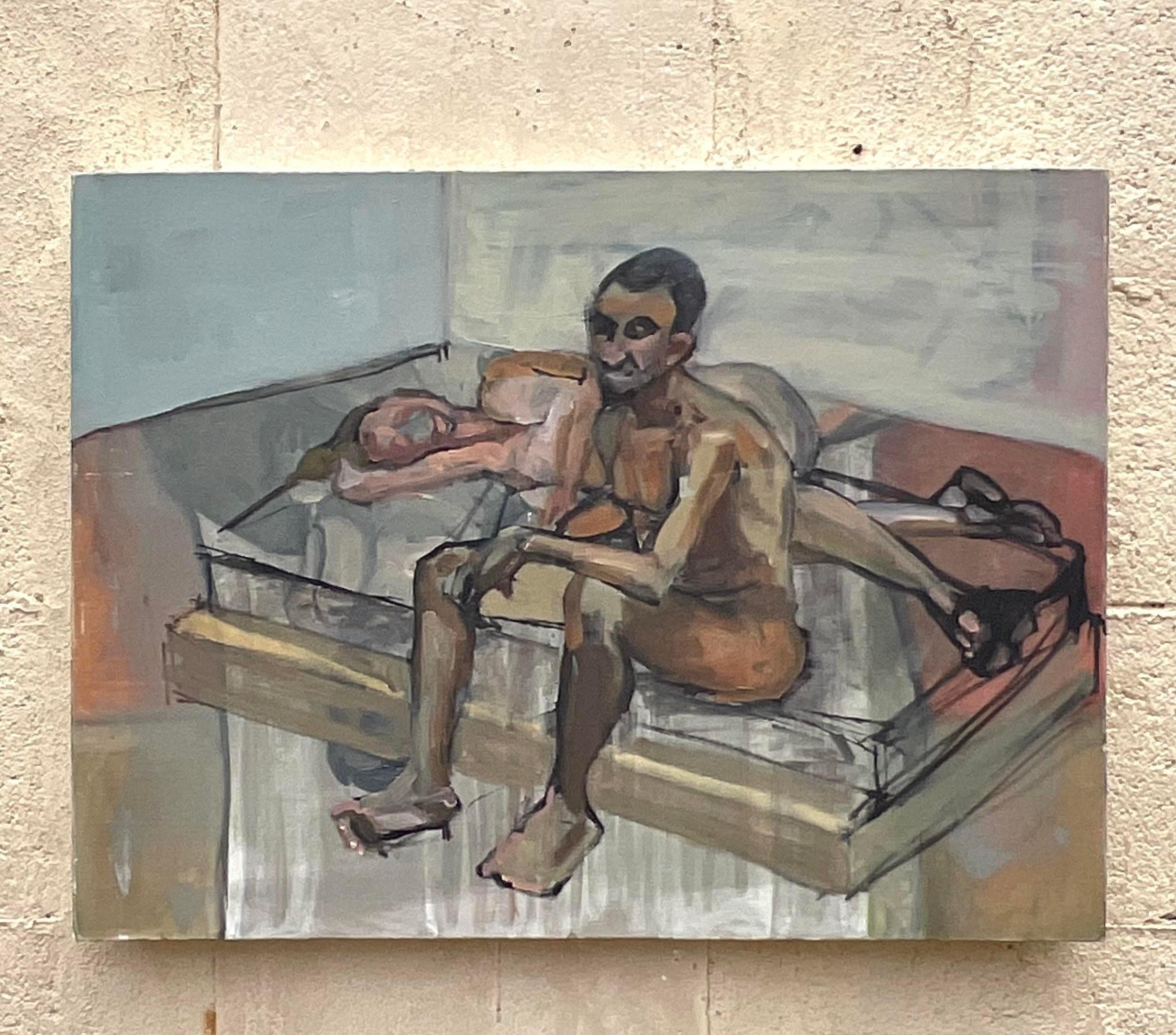 Mid-Century moderno Olio astratto figurativo su tela vintage Boho 1968 originale in vendita