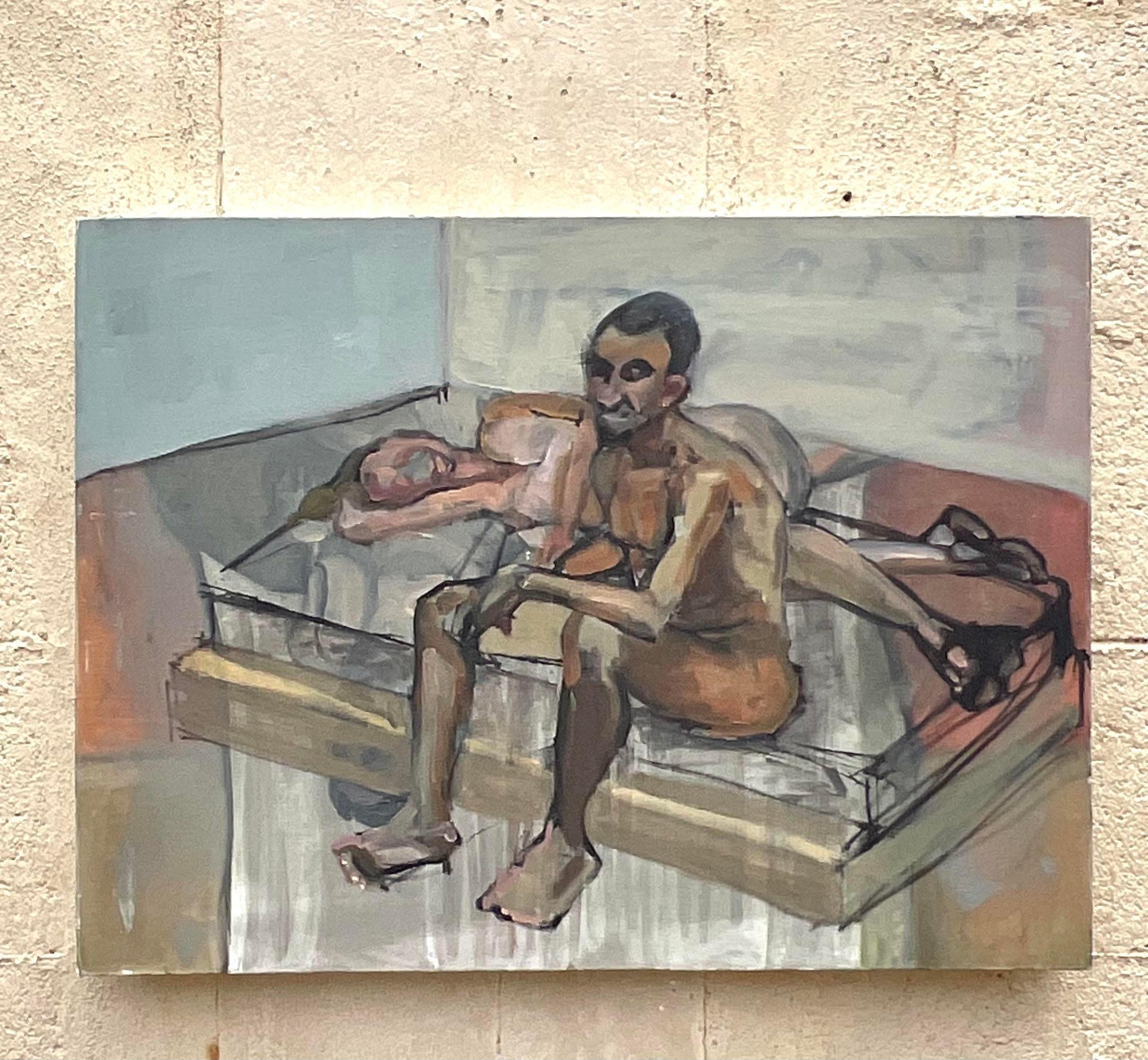 Americano Olio astratto figurativo su tela vintage Boho 1968 originale in vendita