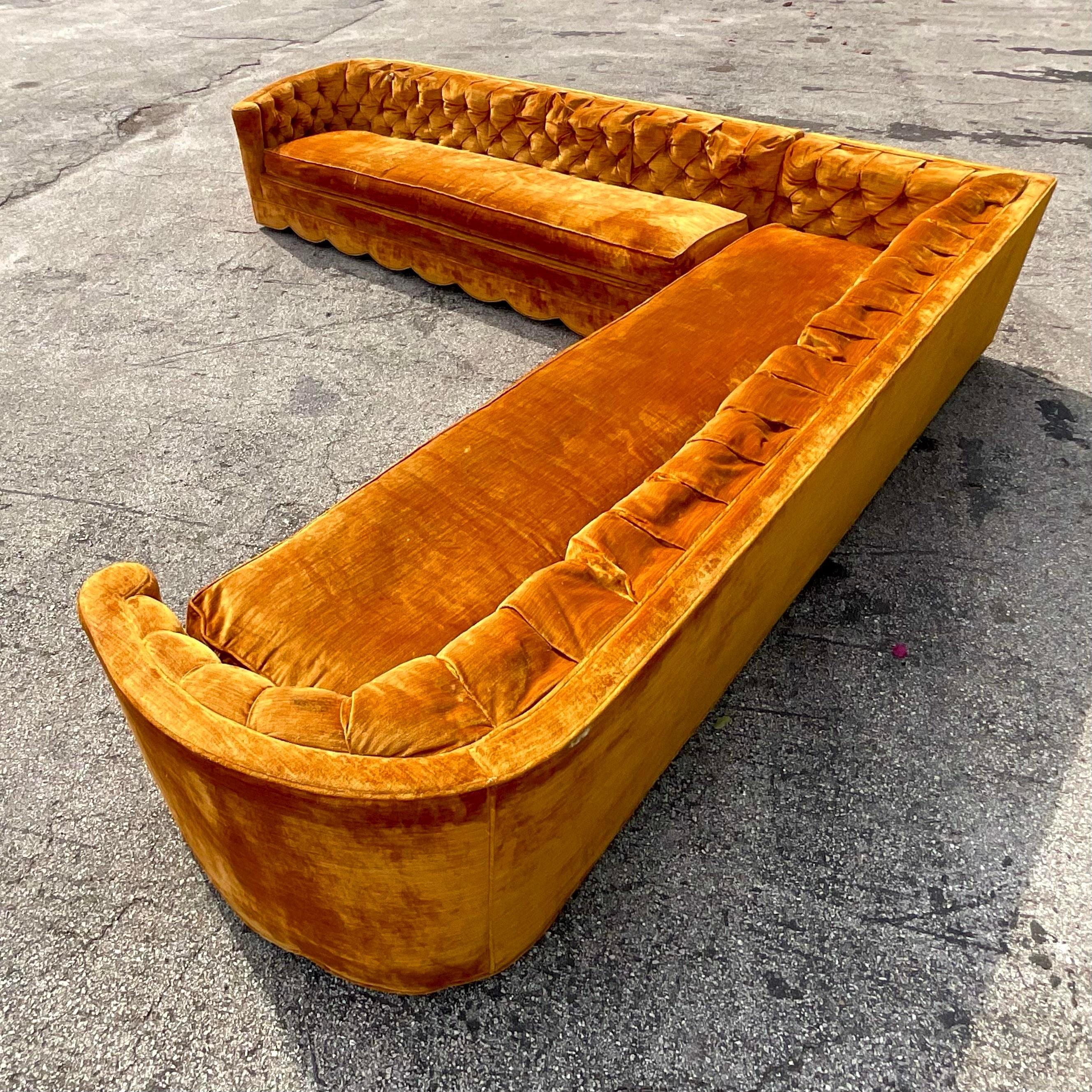 Vintage Boho 1969 Tufted Velvet Sectional Sofa In Good Condition In west palm beach, FL