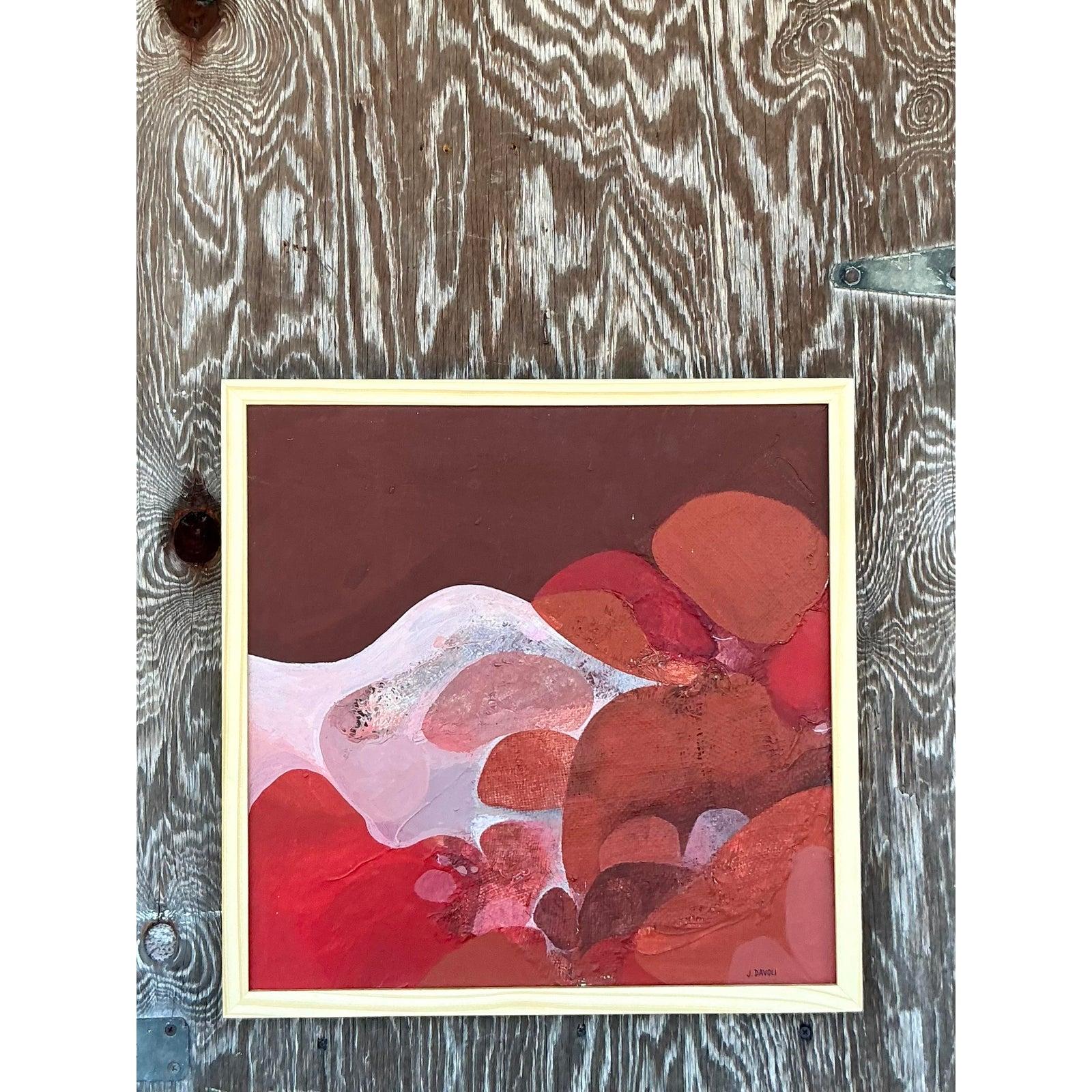 Tauchen Sie Ihren Raum in die lebendige Energie der 1970er Jahre mit diesem abstrakten Original-Ölgemälde auf Leinwand, das die Ästhetik des Vintage Boho perfekt einfängt. Das Kunstwerk besteht aus einer dynamischen Komposition organischer Formen,