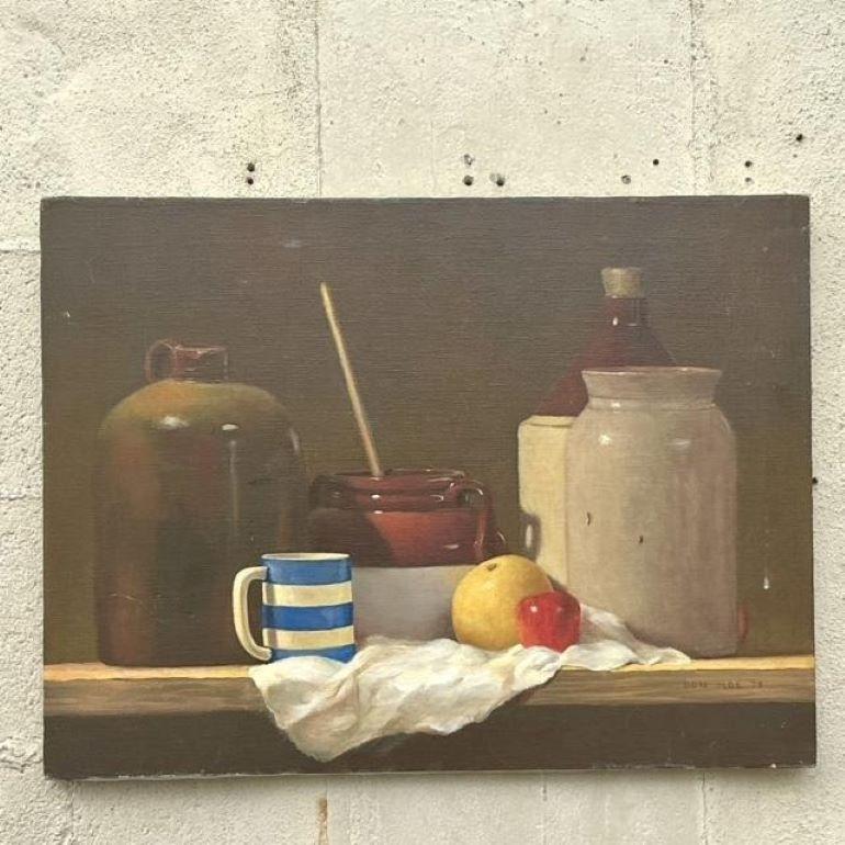 Vintage Boho 1970s Original Stillleben Ölgemälde auf Leinwand (amerikanisch) im Angebot