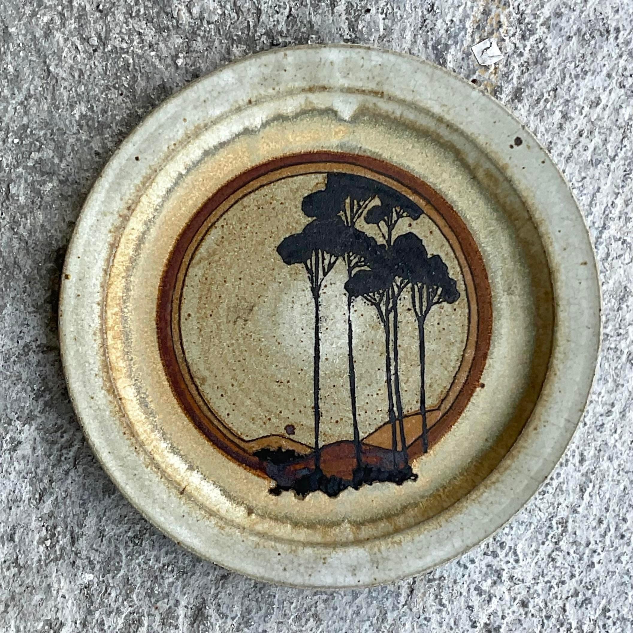 Vintage Boho 1974 Signed Studio Pottery Plate In Good Condition For Sale In west palm beach, FL