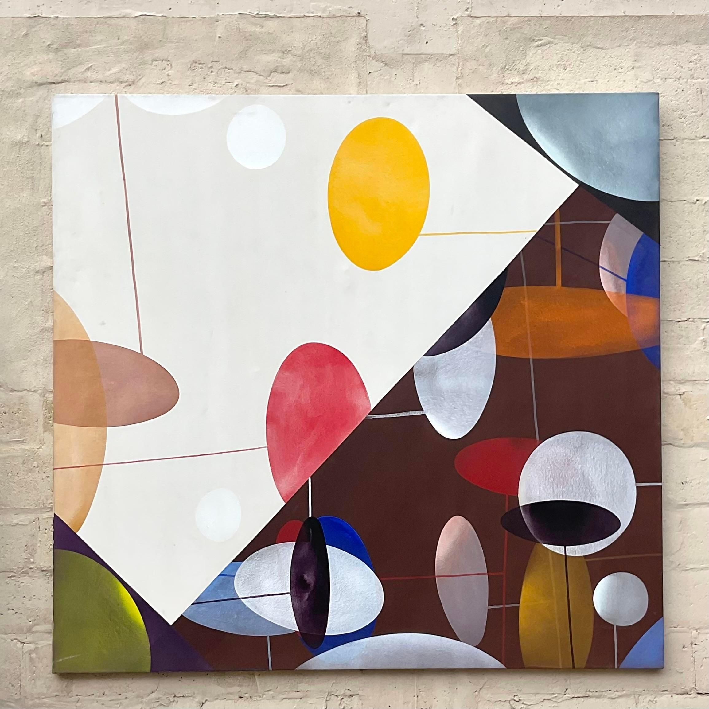 Step into the vibrant spirit of the 1980s with this Vintage Boho Original Oil On Canvas. Featuring abstract geometric patterns, this piece embodies the era's artistic energy with an American twist, making it a timeless addition to your collection