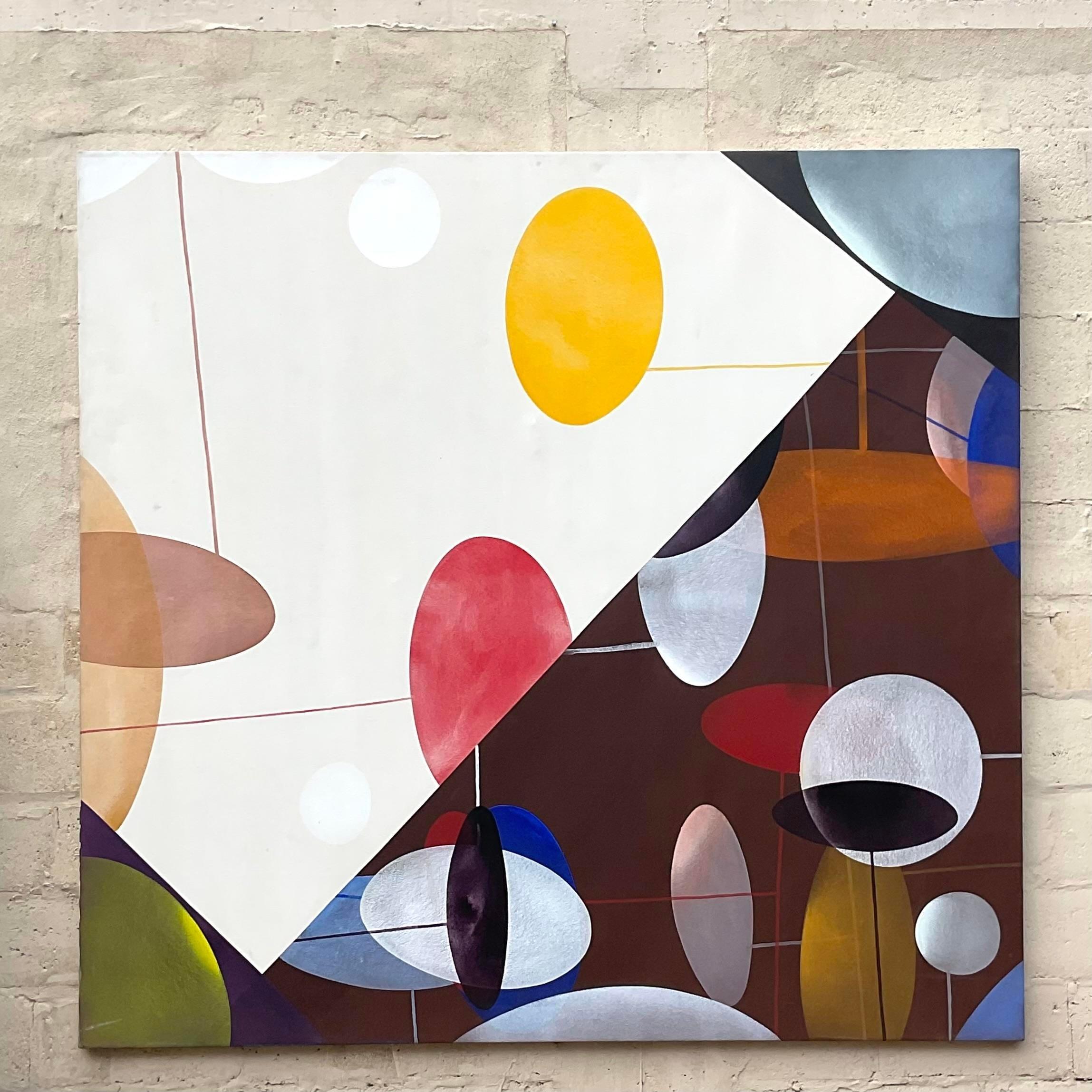 Vintage Boho 1980s Abstract Geometric Original Oil Painting on Canvas In Good Condition For Sale In west palm beach, FL