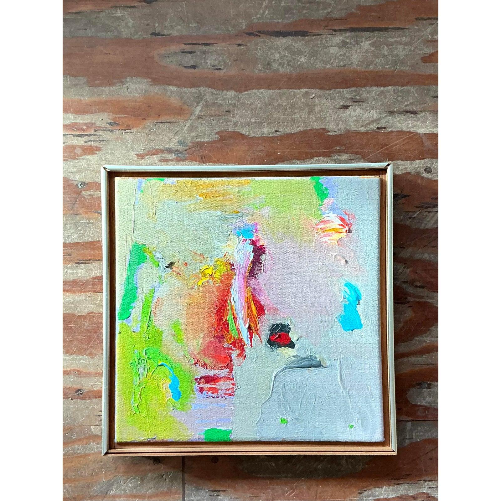 Dieses einnehmende abstrakte expressionistische Gemälde fängt den energiegeladenen Geist und die kühne Farbpalette der modernen Kunst des späten 20. Jahrhunderts ein. Jahrhunderts ein. Ausgeführt in dicken Impasto-Ölfarben auf Leinwand, zeigt das