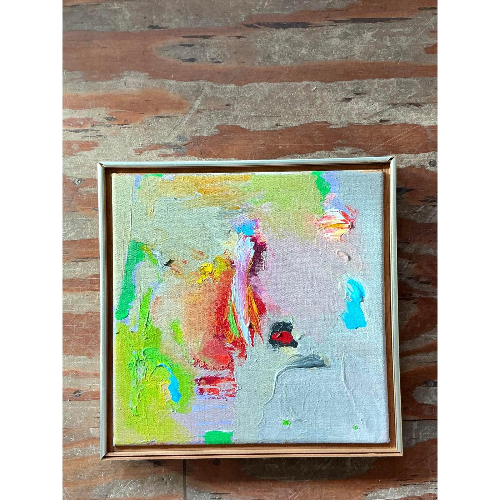 Vintage Boho 1980s abstrakte Ölgemälde auf Leinwand (amerikanisch) im Angebot