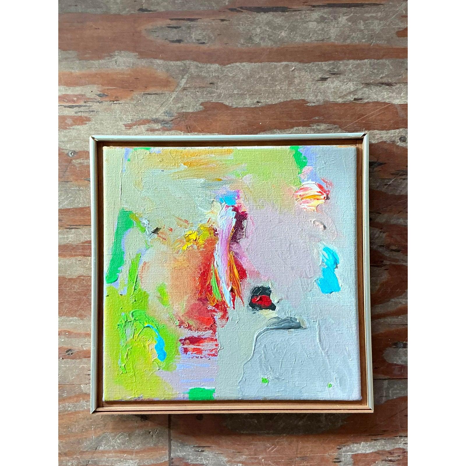 Vintage Boho 1980s abstrakte Ölgemälde auf Leinwand (20. Jahrhundert) im Angebot