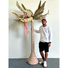 Vintage Boho 1980s Quilted Fabric Palm Tree With Parrot