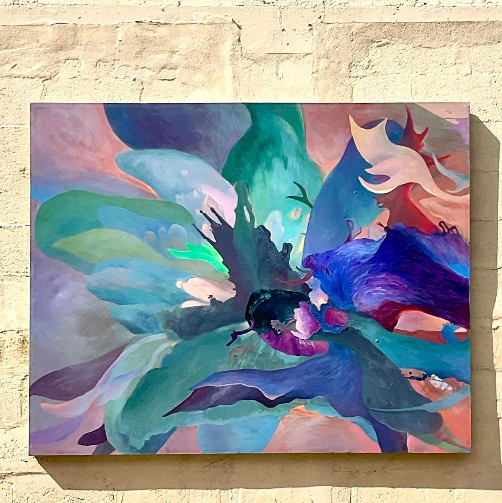 A stunning composition by Vietnamese artist Tin Ly. A brilliant abstract with a stunning display of brush strokes on canvas. The use of blues, greens, lavenders and orange in the work creates a painting that is both soothing and exciting. This piece