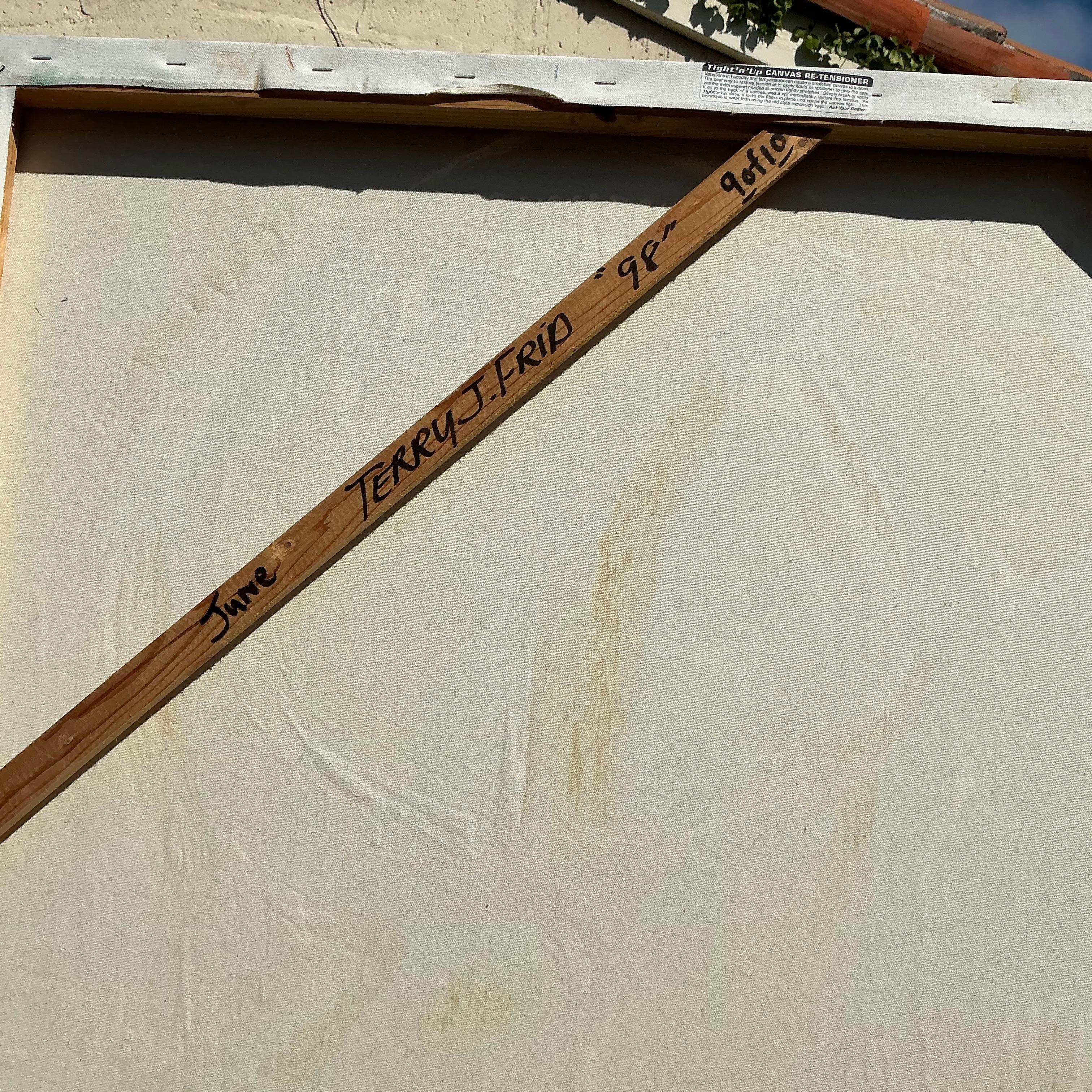 Dieses monumentale abstrakte Ölgemälde aus dem Jahr 1988 strahlt mit seiner dynamischen Komposition und seiner leuchtenden Farbpalette eine kühne Boho-Energie aus. Er ist perfekt, um einen Akzent zu setzen und verleiht jedem Raum Tiefe und