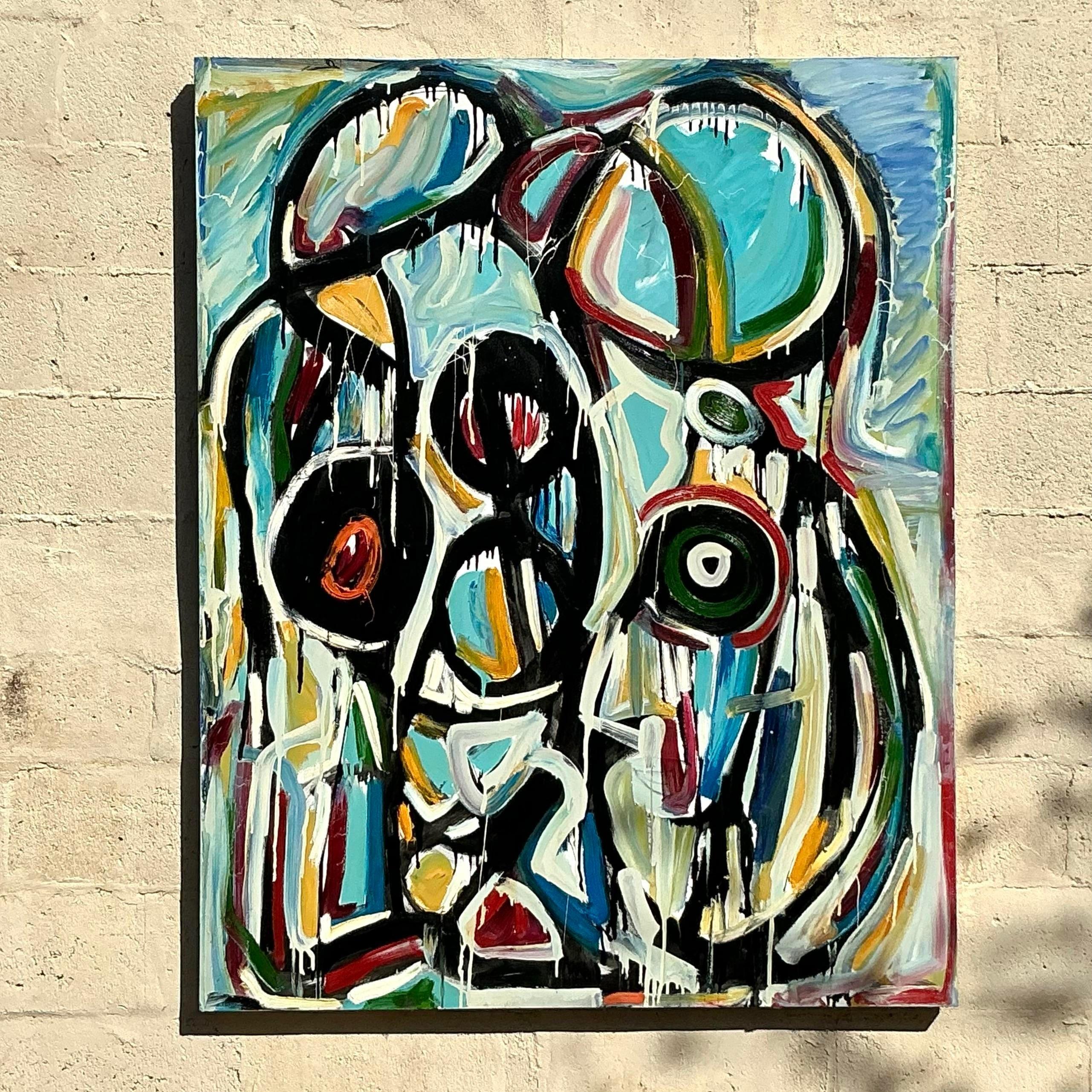 Vintage Boho 1988 Monumental Abstrakt Öl auf Leinwand im Zustand „Gut“ im Angebot in West Palm Beach, FL
