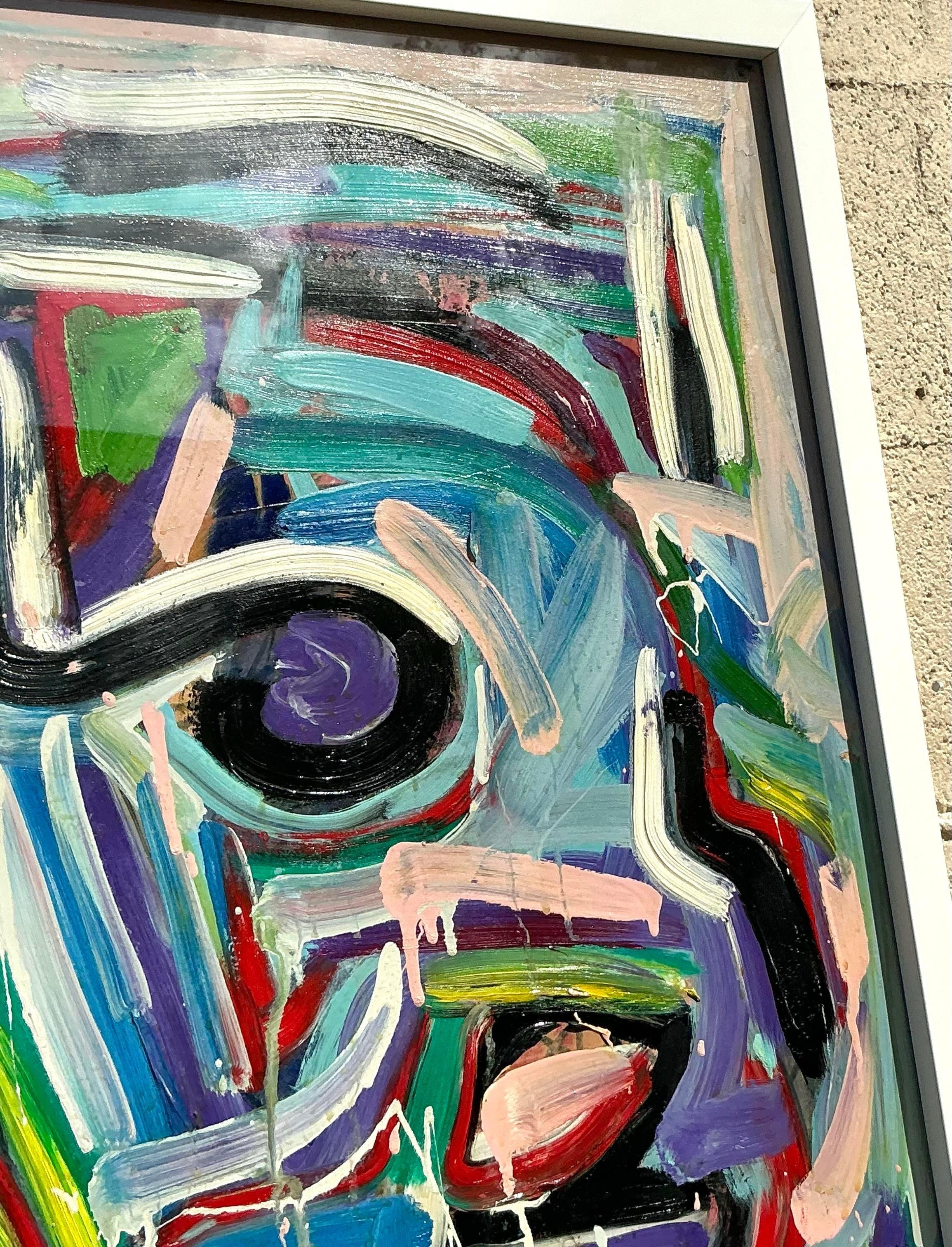 Introduci un tocco artistico nella tua collezione con questo quadro astratto originale Vintage Boho su tavola. Questa opera d'arte unica nel suo genere è caratterizzata da pennellate audaci e dinamiche e da una tavolozza di colori vivaci, che