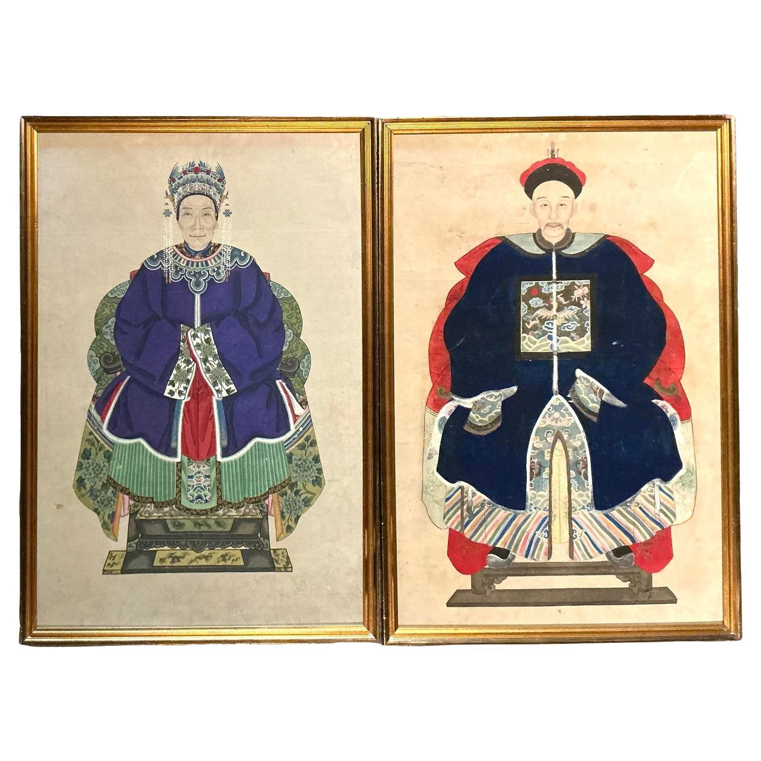 Vintage Boho 19. Jahrhundert Ahnenporträts - Satz von 2