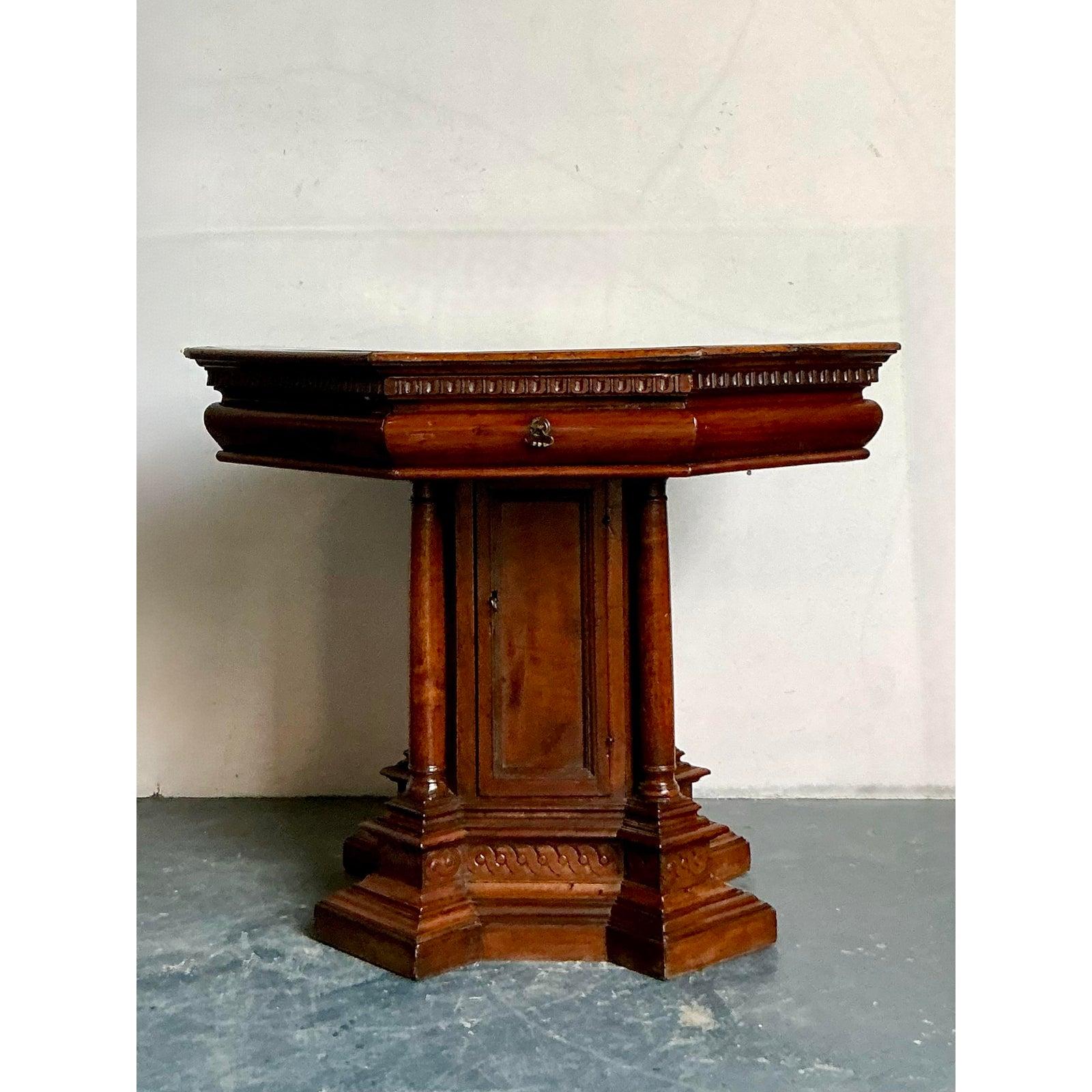 American Vintage Boho 19th Century Carved Octagon Table For Sale